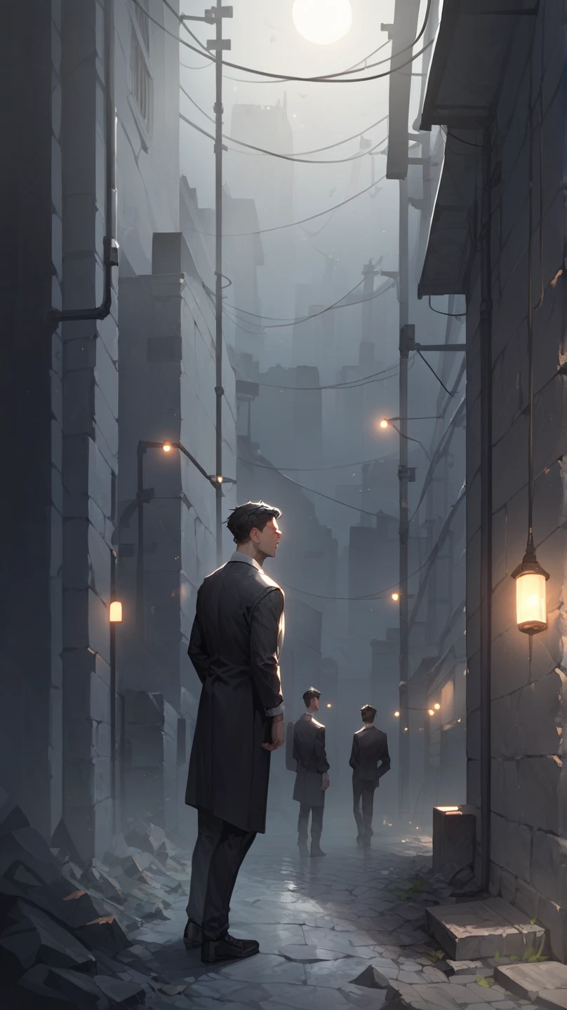 (걸작, 최고 품질:1.2), a man wearing suit standing in front of a concrete wall, calm atmosphere, night, warm lights