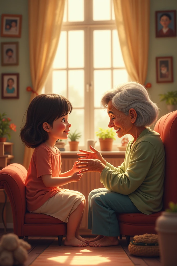 A young girl living with her grandmother. Image animated