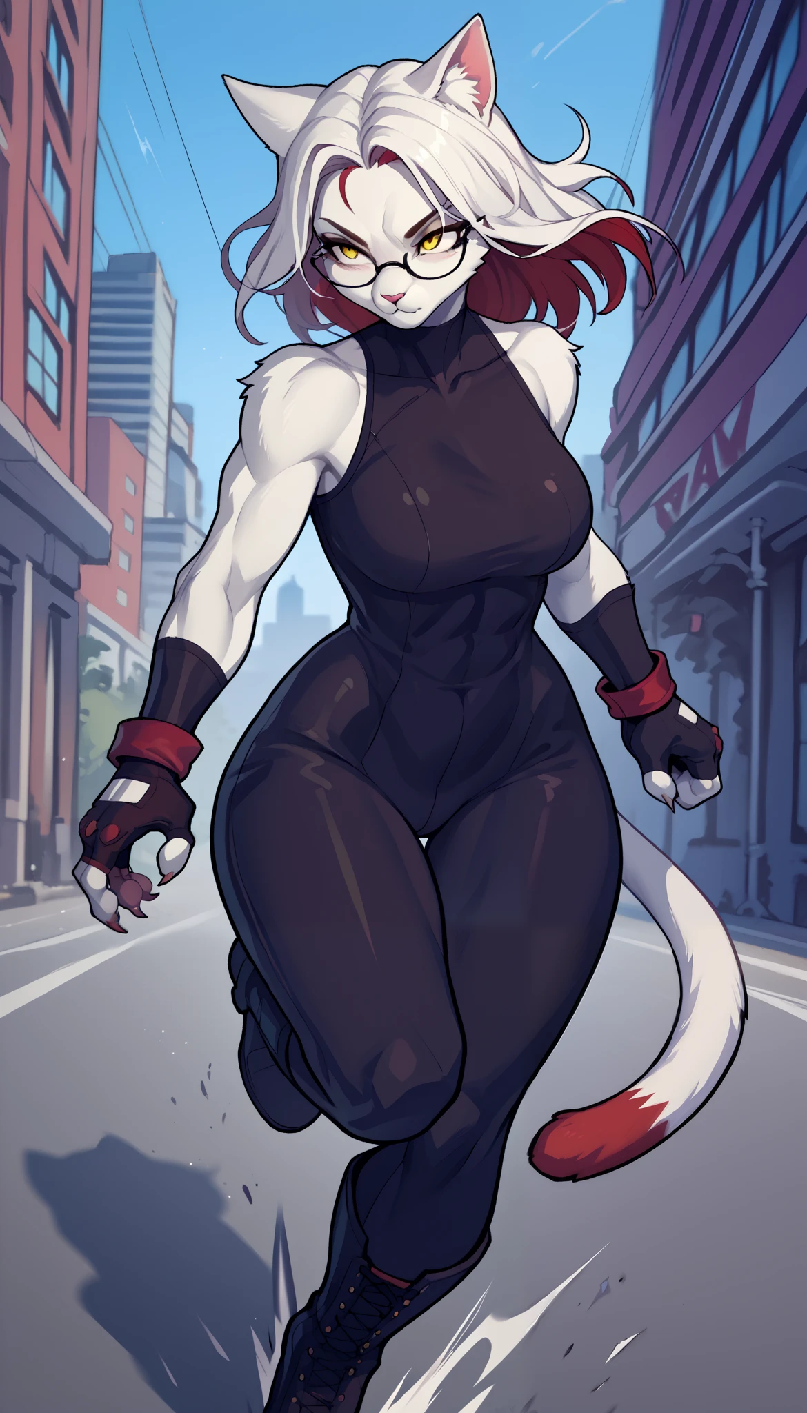 by darkgem, by duase, by BNG, by sligarthetiger, solo, 1girl, sergal, anthro, female, older woman, bodybuilder, muscular, thicc, heavy, (white fur:1.5), (black hair:1.3), (huge hair:1.2), silver streaks in hair, furry body, wide body, wide hips, muscular thighs, thick thighs, big arms, (huge breasts:1.1), (heavy breasts:1.3), nipple outline, highly detailed eyes, milf, latex corset, cleavage, large areolae, latex leggings, bare midriff, knee boots, Masterpiece, best quality, absurd res, highly detailed, cleanly drawn eyes, park environment, cute smile, standing upright, casual posture, buff, hands on hips, tall, amazon,