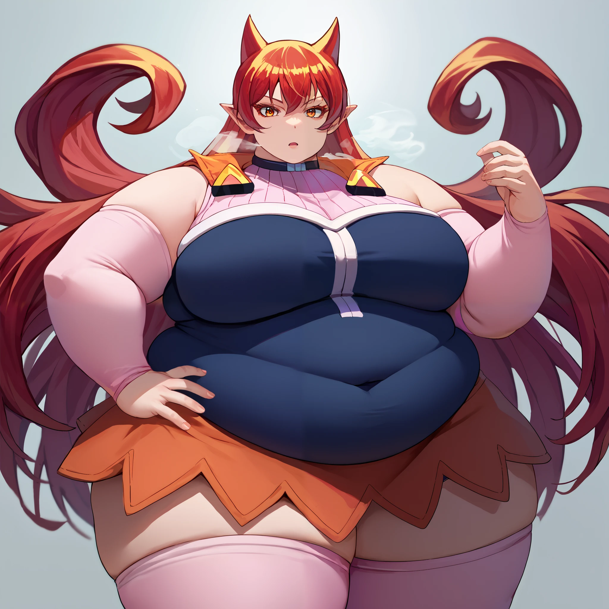 score_9, score_8_up, score_7_up, source_anime, solo, 1girl, azazel ameri, expressionless, looking at viewer, hand on hip, hair horns, sleeveless shirt, detached sleeves, skirt, thighhighs  fat, chubby, obese, gigantic arms and legs, large breasts open mouth, out of breath