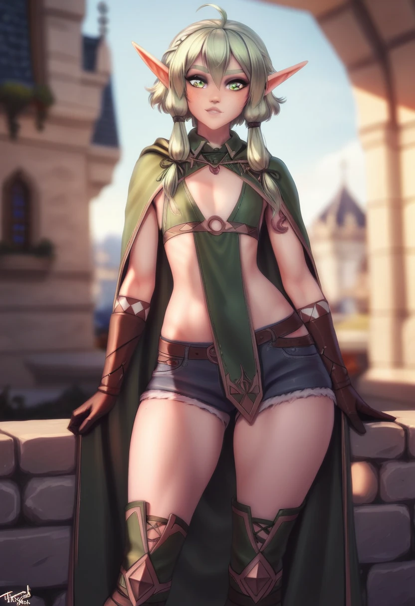 (masterpiece, best quality:1.2), 1girl, solo, silver hair, green eyes, green bikini, pale skin, elf, gloves, chainmail bikini, face tattoo, black boots, make-up, spaulders, arm-piece, green cape, blades,medium breast, grey lips, Nightsong
