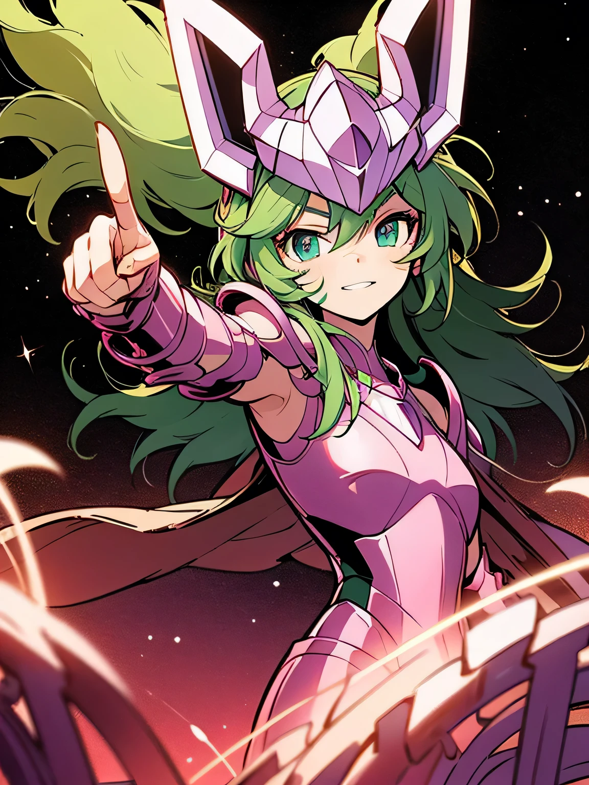 sideview,looking at viewer,(point at viewer:1.3),grin,Masterpiece, highest quality, armature, realistic, shiny skin, vivid skin texture, best lighting, , dramatic lighting, dynamic pose, starry background, blue sky, space, 1 girl, balanced eyes , Andromeda Shun, pink armor, chest, , green hair, pink helmet, blue eyes, Looking at the Audience , breasts, faint smile, chains, (manga style), (sketch), (illustration),