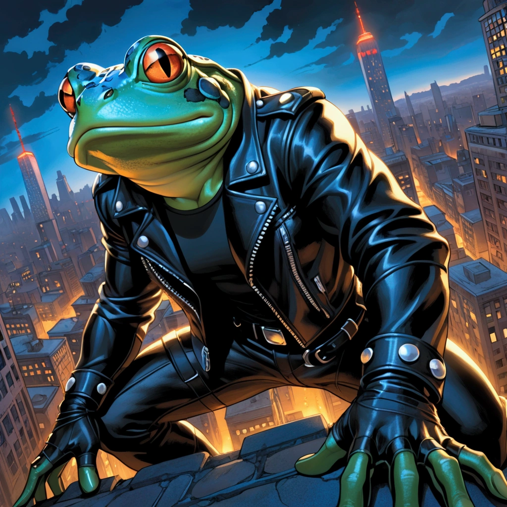 Closeup, An extremely badass light blue and white bullfrog wearing an ...
