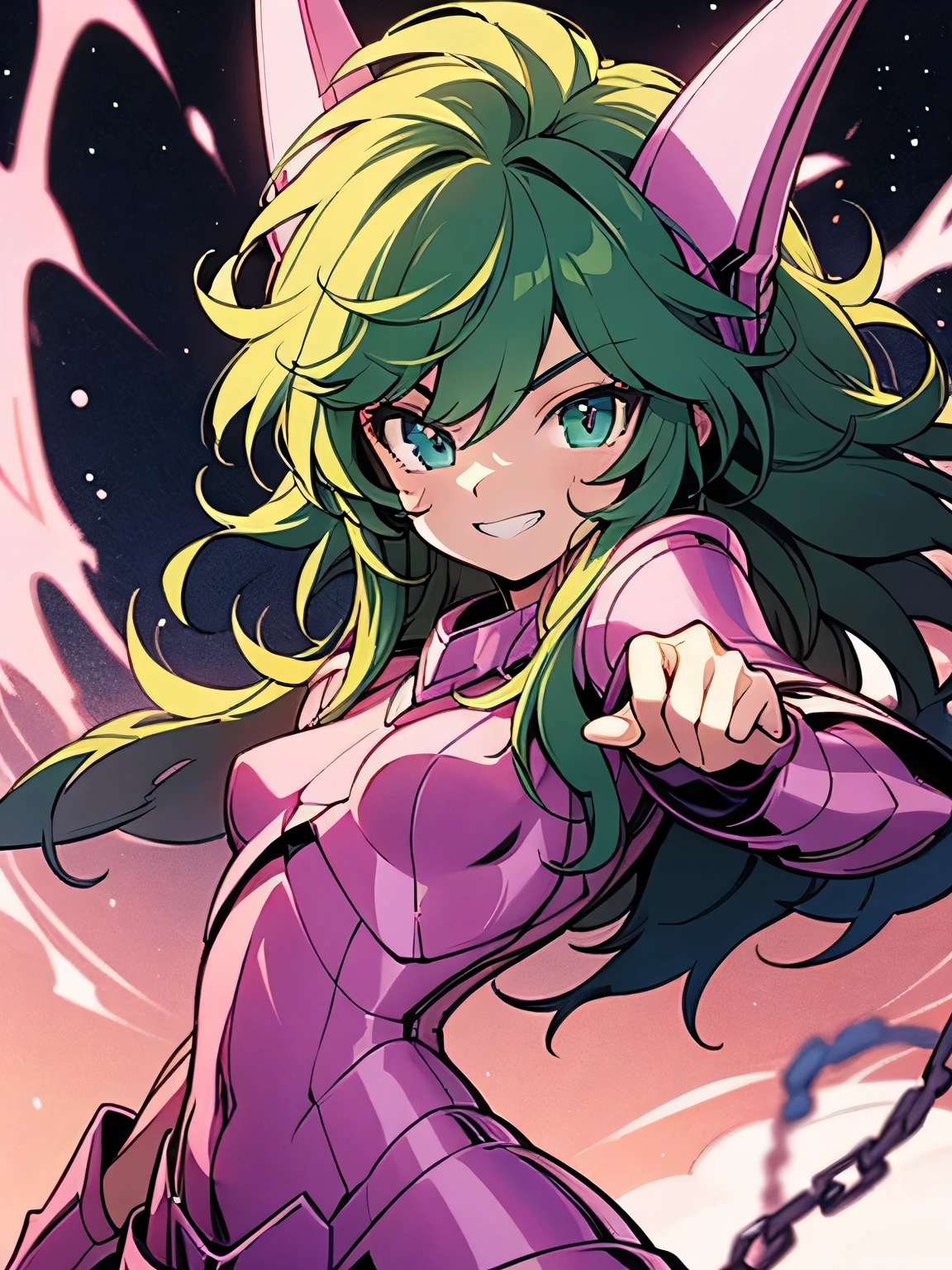 sideview,looking at viewer,(point at viewer:1.3),grin,Masterpiece, highest quality, armature, realistic, shiny skin, vivid skin texture, best lighting, , dramatic lighting, dynamic pose, starry background, blue sky, space, 1 girl, balanced eyes , Andromeda Shun, pink armor, chest, , green hair, pink helmet, blue eyes, Looking at the Audience , breasts, faint smile, chains, (manga style), (sketch), (illustration),