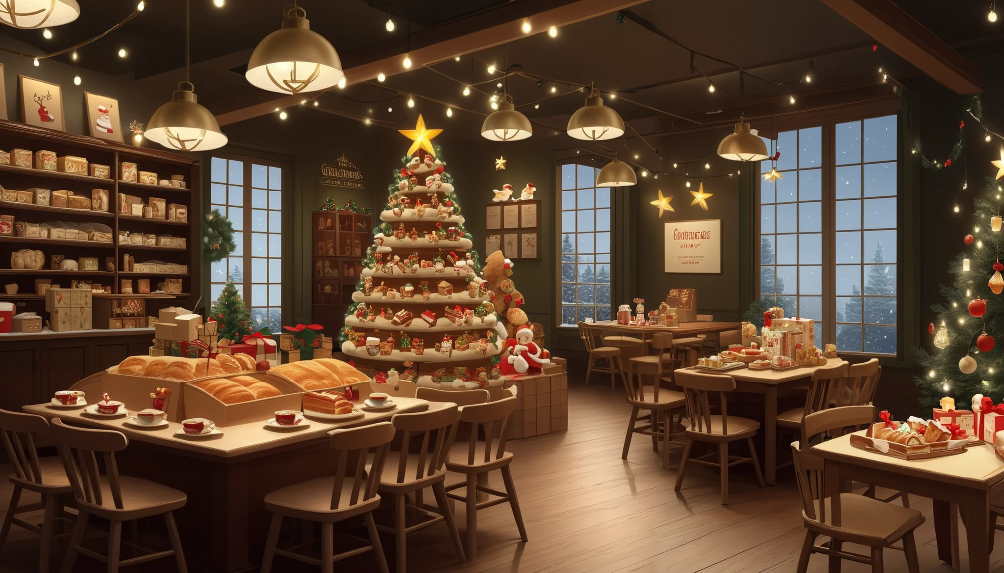 Please draw a Christmas cafe 。There are lots of decorations in the store 、 Christmas tree lamps are lit on the table。 coffee and sandwiches 、 treats such as chicken 。