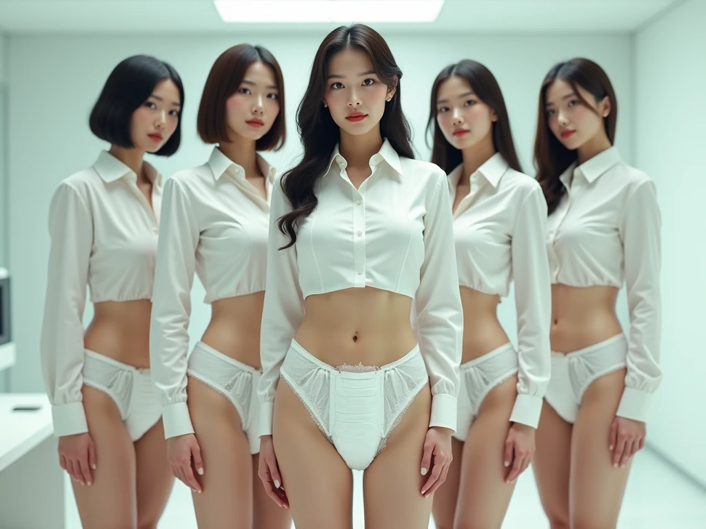 Knee up, masutepiece, Best Quality,8 girls on the bus,(5 people standing:1.2),Standing,Teenage, Looking at Viewer,l Group shot, harems,nffsw,Retro white underwear,  (pantiy),Realistic,Tennis Wear ,(Looking back, ass grab:0.9),(Beautiful eyes:1.3),frombelow,From below,Kinney,(skinny:1.2) ,thick thighs, Long body, novel illustration,(Smelly eyes:0.5),closed curtains,(shirts lift,lifted by self:1.5) ,Dark Persona.Skirt lift front,(Panties:1.3)、Bend your right leg、Braids、From  above,