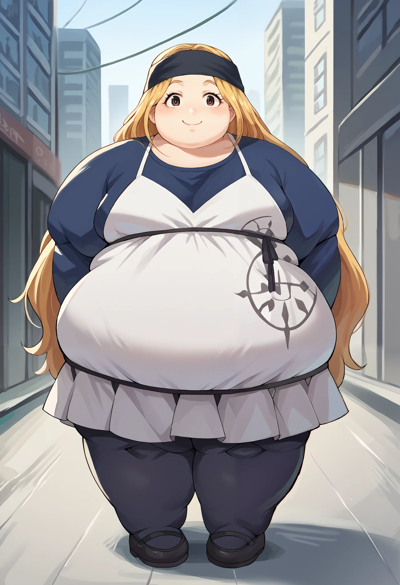 score_9, score_8_up, score_7_up, source_anime BREAK 1girl, solo,   chihayap5, very long hair, blonde hair, headband, shirt, dress, black pantyhose, looking at viewer, smile, standing, city, shinjuku, fat, chubby, obese, full body shot 