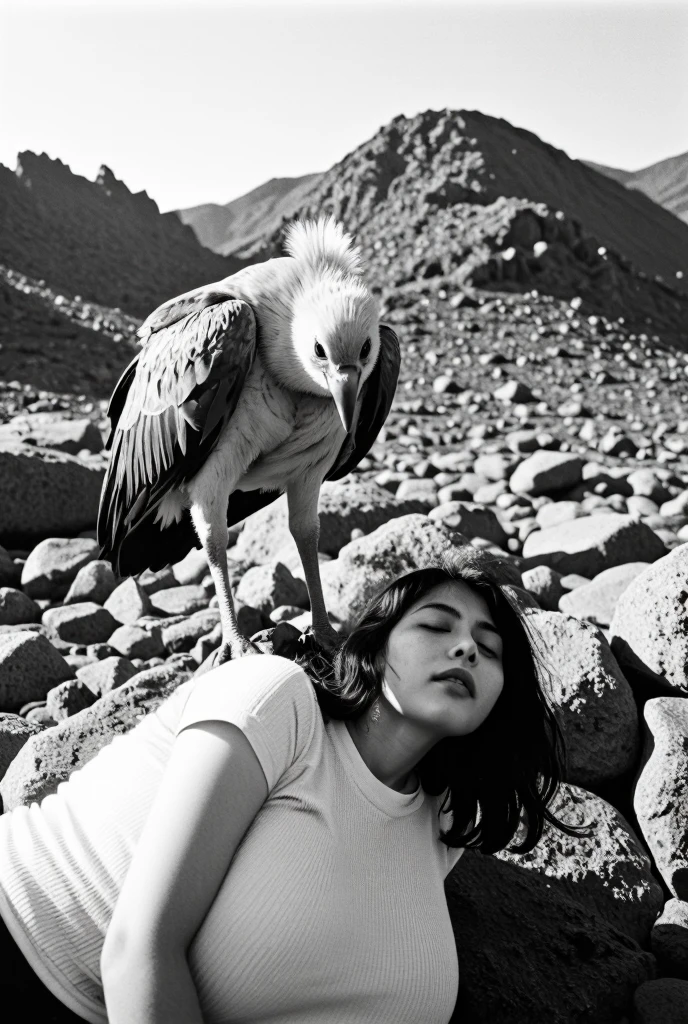  Se the tail of the vulture with the stout plumage. Standing position on the body of a Taiwanese woman who is asleep.  Staring sharply in the direction into the distance .  Waiting for prey . with an eerie expression .  His thick plumage waved in the wind . Gripping situation .  Simple rocky hill background .  Many rocky hills . in the wild.