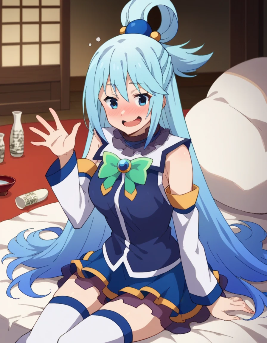 score_9, score_8_up, score_7_up, source_anime, sit down, on the bed, has a sake cup, Lots of liquor bottles around, drunk, Laughter, 1girl, at from viewer, waving, BREAK aqua \(konosuba\), long hair, blue eyes, hair ornament, very long hair, blue hair, hair rings, single hair ring, hair bobbles,
skirt, shirt, thighhighs, bare shoulders, detached sleeves, white thighhighs, blue skirt, blue shirt, green bow,