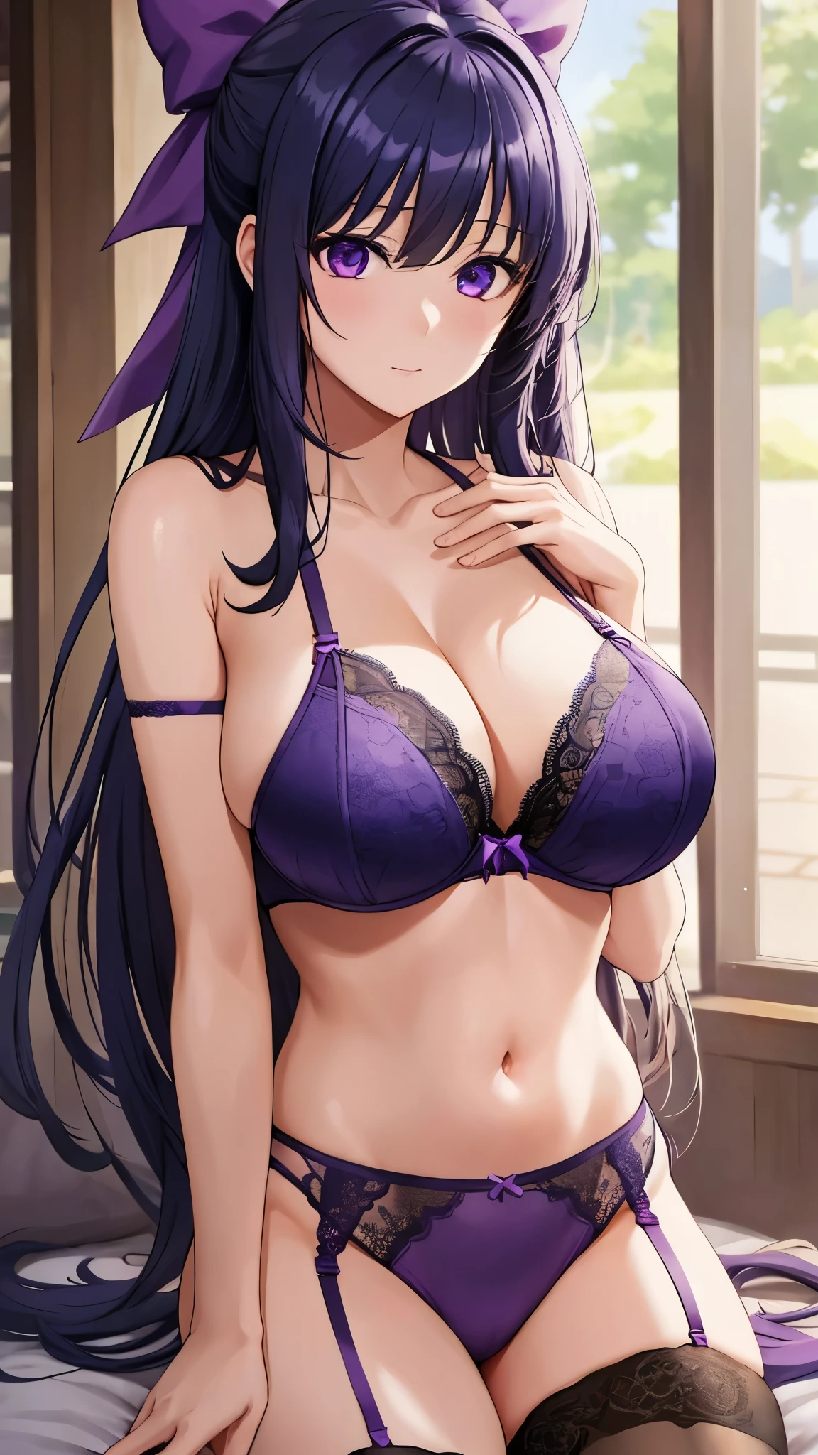 Akane Ryuzoji、 (   best quality) 、 (   best quality) 、(    Masterpiece  )、(8k resolution),Beauty、(   mature )（   Perfect Style ）、( Big Breasts )、 、Dark blue long hair、 Purple ribbon 、  Unbearable Ecstasy  、（  approach my chest  ）、 purple lace garter belt、Purple lace bra、 I'll show her stomach