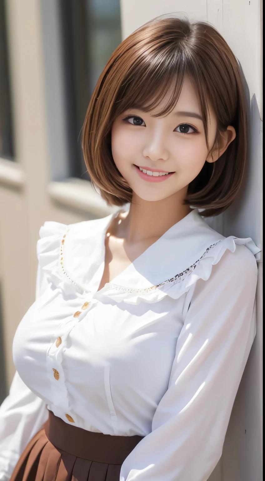  .................,, In front of school、   skirt、white long-sleeved shirt with ruffles on the chest、格子柄 skirt、On, , sakimichan,,  cute and cute,   , nice smile, sakimichan hdri、Lori、 boobs、Beautiful breasts 、,(Big Breasts:1.20),(:1)、 brown hair、 brown hairの髪、、 shorthair、Cute pose、 closes her mouth