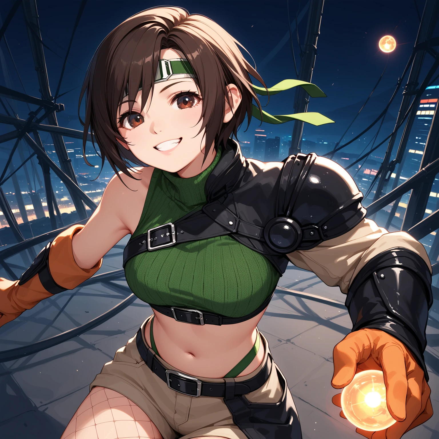 ,solo,1girl\(cute,kawaii,(FFYuffie:1.3),big eyes,grin,smirk,brown hair, short hair, brown eyes, fishnets, ninja outfit, midriff, perky breasts, slim body,(dynamic pose:1.3),holding beautiful orb\(materia,crystal\)\). (from above), background\(midnight,,dark night,cyberpunk,steampunk,huge Factory\),(dynamic angle:1.3),,landscape. score_9, score_8_up, score_7_up, score_6_up, score_5_up, score_4_up, source_anime,source_furry,rating_safe,rating_questionable,masterpiece, best quality, perfect anatomy , very aesthetic , absurdres ,