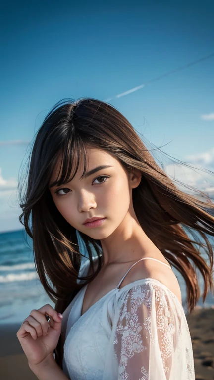 masterpiece, Realistic, Surreal, Highest quality, camera photo、 Hair length, Black-haired, Hair that flutters in Wind, Bikini Swimwear, Esbian all over, (Laughter), Wind, Raw photo, delicate, (Intricate details:1.3), Hyper Detail, In detail, colorful, darker shadow, One Girl, solo, 8K Ultra HD, Film Grain, (Photorealistic:1.3), (More skin:1.2), Beautiful details, Skin Texture, Light of the sun, Beach、Beach、The sun is dazzling、Clear sky