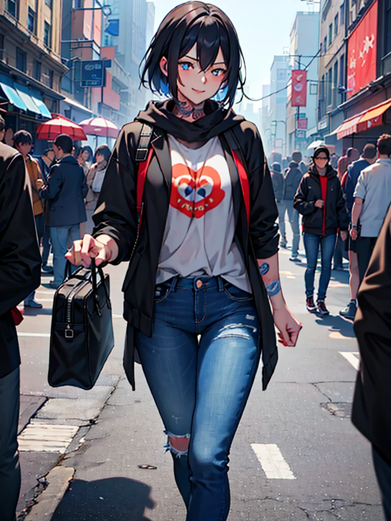 (​masterpiece, top-quality, hight resolution, Unity 8k, extremely details CG:1, Best Picture), Upper body, ((1girl, heterochromia, red eyes, blue eyes, tattoo)), "A modern urban setting, a young woman wearing a casual outfit consisting of a hoodie, jeans, and casual sneakers, standing in a bustling city street. She is not wearing a mask this time, and her face shows a wide, mischievous smile, her eyes sparkling with excitement. Her posture is relaxed but slightly playful, and her expression suggests she's eagerly imagining what's about to happen. The backdrop includes small shops and blurred passersby, emphasizing the focus on her emotions. She carries a small crossbody bag, with minimal belongings, implying her mind is solely focused on the person she's meeting. The mood is lighthearted, with a hint of intimacy and anticipation, as this is their second meeting, and they seem to have exceptional chemistry."