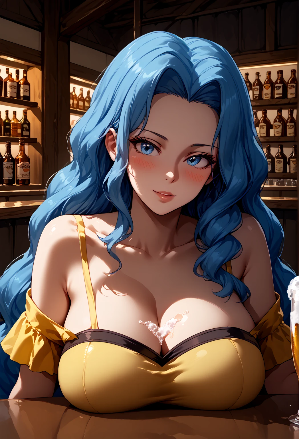 Perfect CG unity 8K UHD wallpaper, Perfect CG unity 8K UHD wallpaper, 1girl, solo, pkmnKaren, very long hair, blue hair, blue eyes, slim, huge breasts, collarbone cleavage, yellow top, ((off shoulder top)), indoors, sitting_across_from, bar, upper body, breasts on bar, leaning forwards, breast rest, (holding half full beer glass), huge glass, ((bare shoulder)), blush, drunk, ((foam on breasts)), head tilt, drinking, 