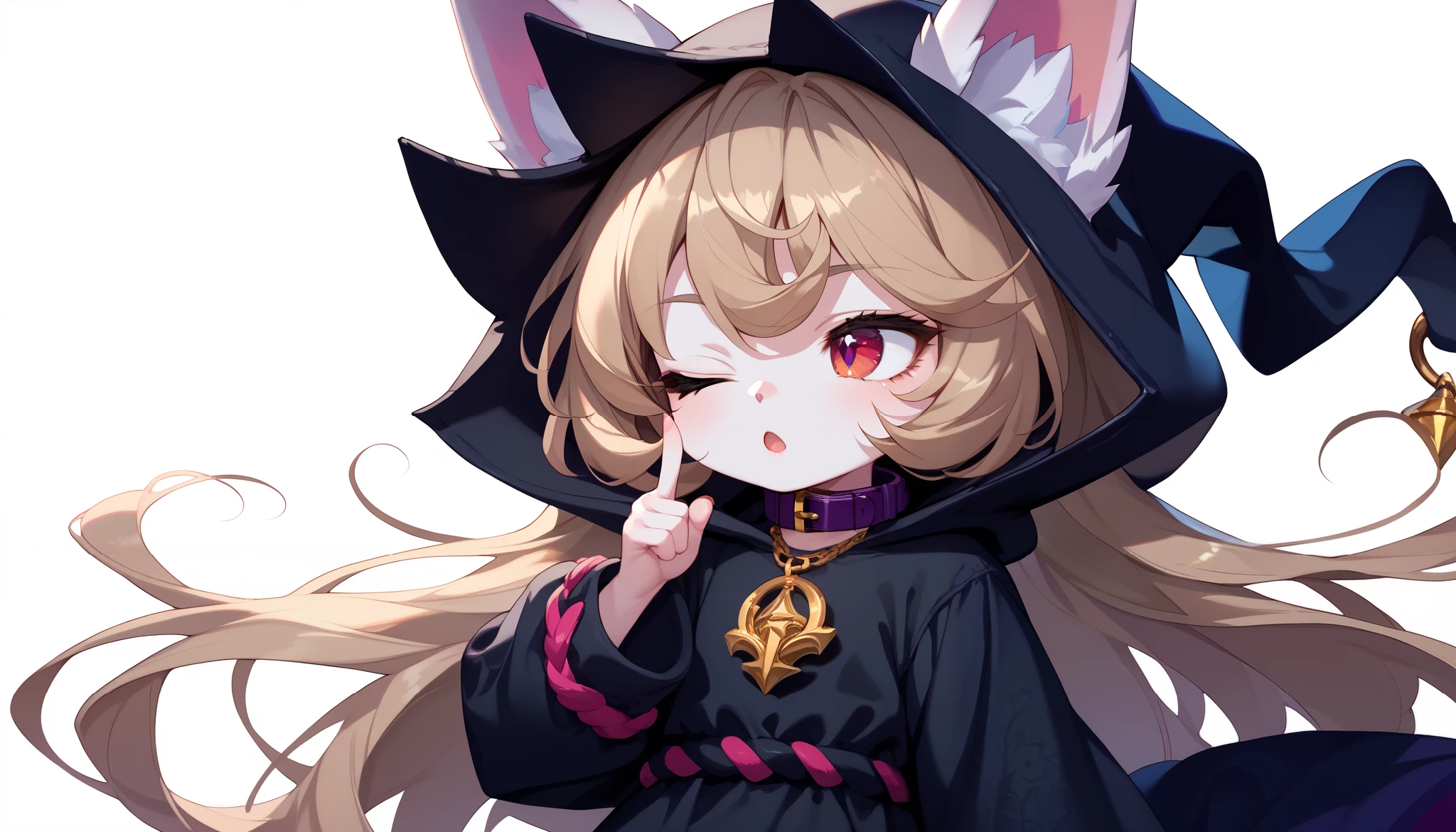 (masterpiece:1.3), (best quality:1.3), (very detailed), (anime style:0.1), game cg, anime coloring,((simple white background)),VexLoLXL,big eyes,yordle,shortstack,red eyes,((light brown hair,bangs,long hair)),shiny_skin,white_skin,white skin,black hood,hood up,ears through headwear,white animal ears,black shirt,purple collar,gold pendant top,long sleeves,black dress,long dress,bare hands,((Alone)), 1girl,((cowboy shot)), ((looking away:1.4)), open mouth, points your index finger against the background, one eye closed