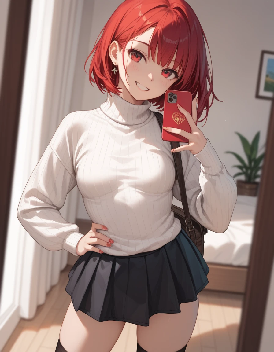 (masterpiece, best quality, long shot, detailed finger), anime style, Selfie angle, 1 woman, 29 years old, small breast, red bob hair, white loose turtleneck sweater, black skirts, short boots, in her room, hand on waist, little smile