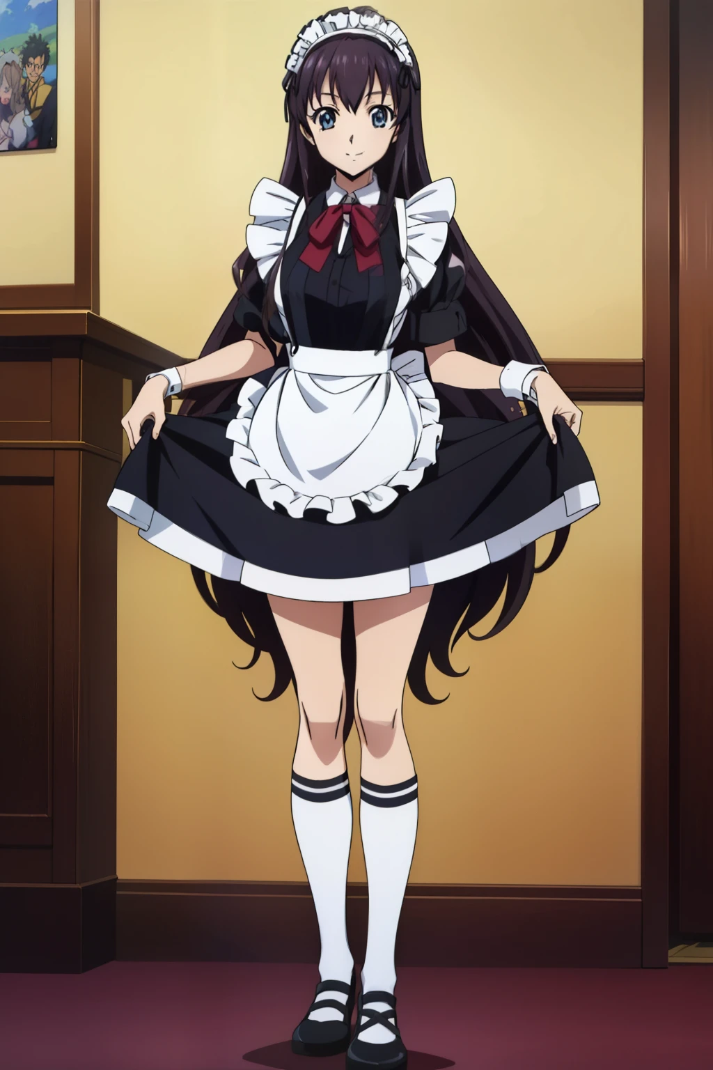 1 girl, cute, black hair, long hair, 髪band, lift up skirt, ((Bowing)), ((knee-high socks)), Beautiful leg, (smile), (Gothic coffee shop), ((maid)), (anime cels style, Masterpiece, best quality, high resolution, anime colored, megami magazine:1.2, anime poster style, anime keyvisual, sharp, 8k, photorealistic), beautiful eyes