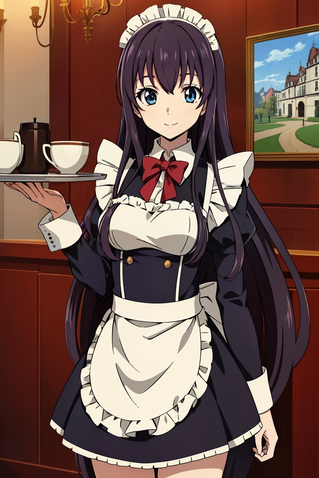 1 girl, cute, black hair, long hair, 髪band, lift up skirt, ((Holding a tray with a cup of coffee on it with both hands)), ((knee-high socks)), Beautiful leg, (smile), (Gothic coffee shop), ((maid)), (anime cels style, Masterpiece, best quality, high resolution, anime colored, megami magazine:1.2, anime poster style, anime keyvisual, sharp, 8k, photorealistic), beautiful eyes