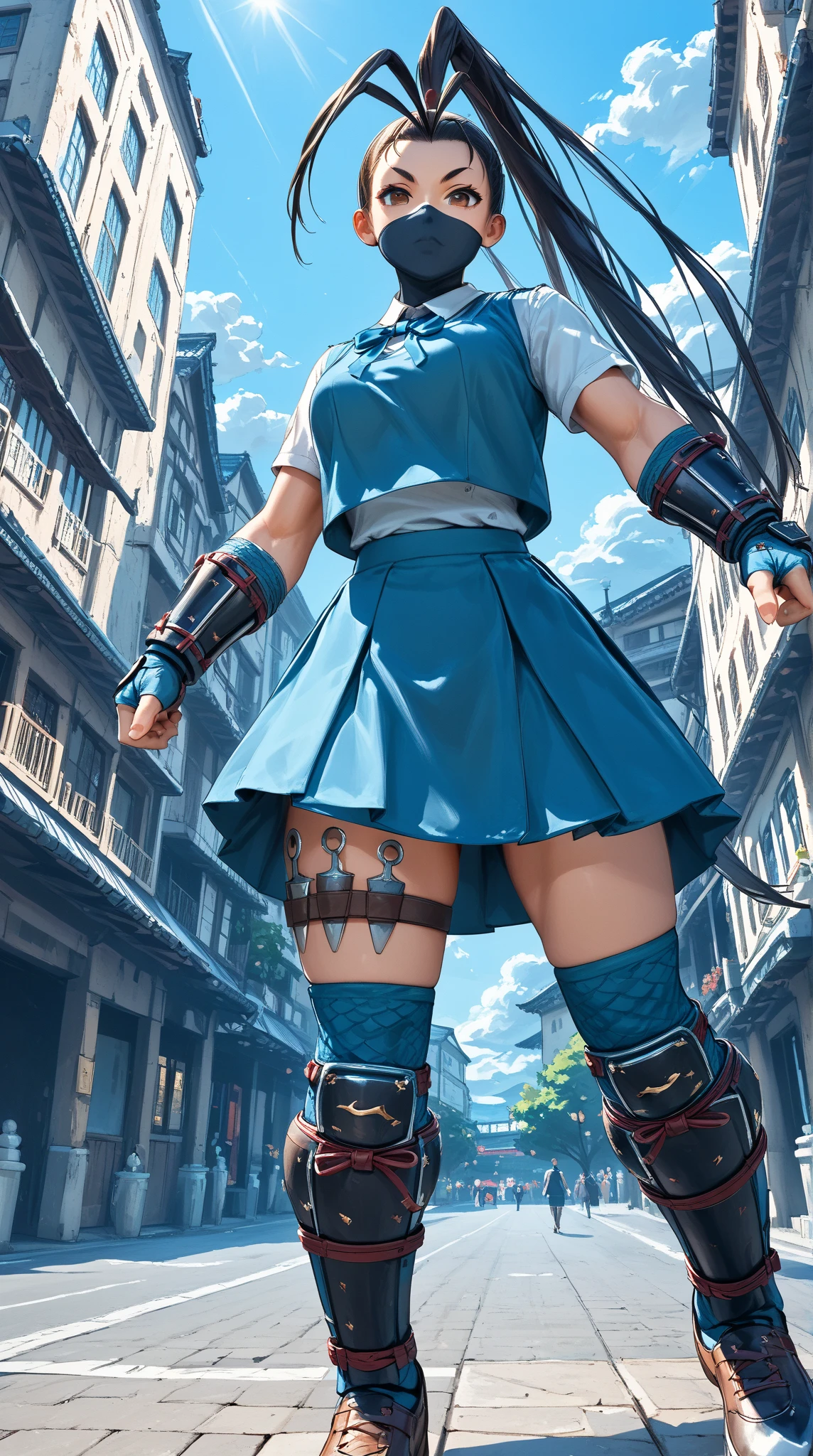 ,solo,1girl\(IbukiSF,long hair,skirt,black hair,thighhighs,gloves,brown eyes,very long hair,(school uniform),ponytail,fingerless gloves,armor,(black mask),antenna hair,japanese armor,knee pads,kote,shin guards,ibuki\(street fighter\),dynamic action,(dynamic pose:1.3),somersault,in the air\). (from below:1.3), background\((many kunai:1.3) toward viewer,street of kyoto\),(dynamic angle:1.3), Dutch angle. score_9, score_8_up, score_7_up, score_6_up, score_5_up, score_4_up, source_anime,source_furry,rating_safe,rating_questionable,masterpiece, best quality, perfect anatomy , very aesthetic , absurdres ,