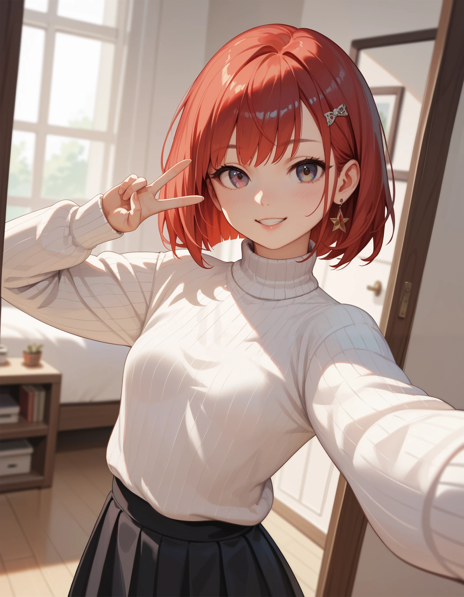 (masterpiece, best quality, long shot, detailed finger), Selfie angle, 1 woman, 29 years old, small breast, red bob hair, white loose turtleneck sweater, black skirts, short boots, in her room, V finger