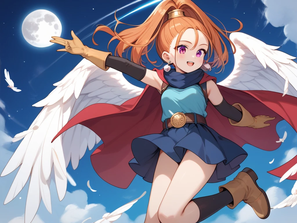 dqbbra, 1 girl, orange hair, high ponytail, long hair, purple eyes,  small breasts, 
earrings, jewelry, red cape, blue dress, elbow gloves, yellow gloves, belt, blue skirt, black socks, boots, big angel wings, flying sky, moon night sky,  