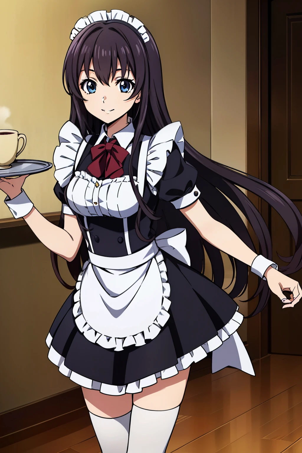 1 girl, cute, black hair, long hair, 髪band, lift up skirt, ((Holding a tray with a cup of coffee on it with both hands)), ((knee-high socks)), Beautiful leg, (smile), (Gothic coffee shop), ((maid)), (anime cels style, Masterpiece, best quality, high resolution, anime colored, megami magazine:1.2, anime poster style, anime keyvisual, sharp, 8k, photorealistic), beautiful eyes