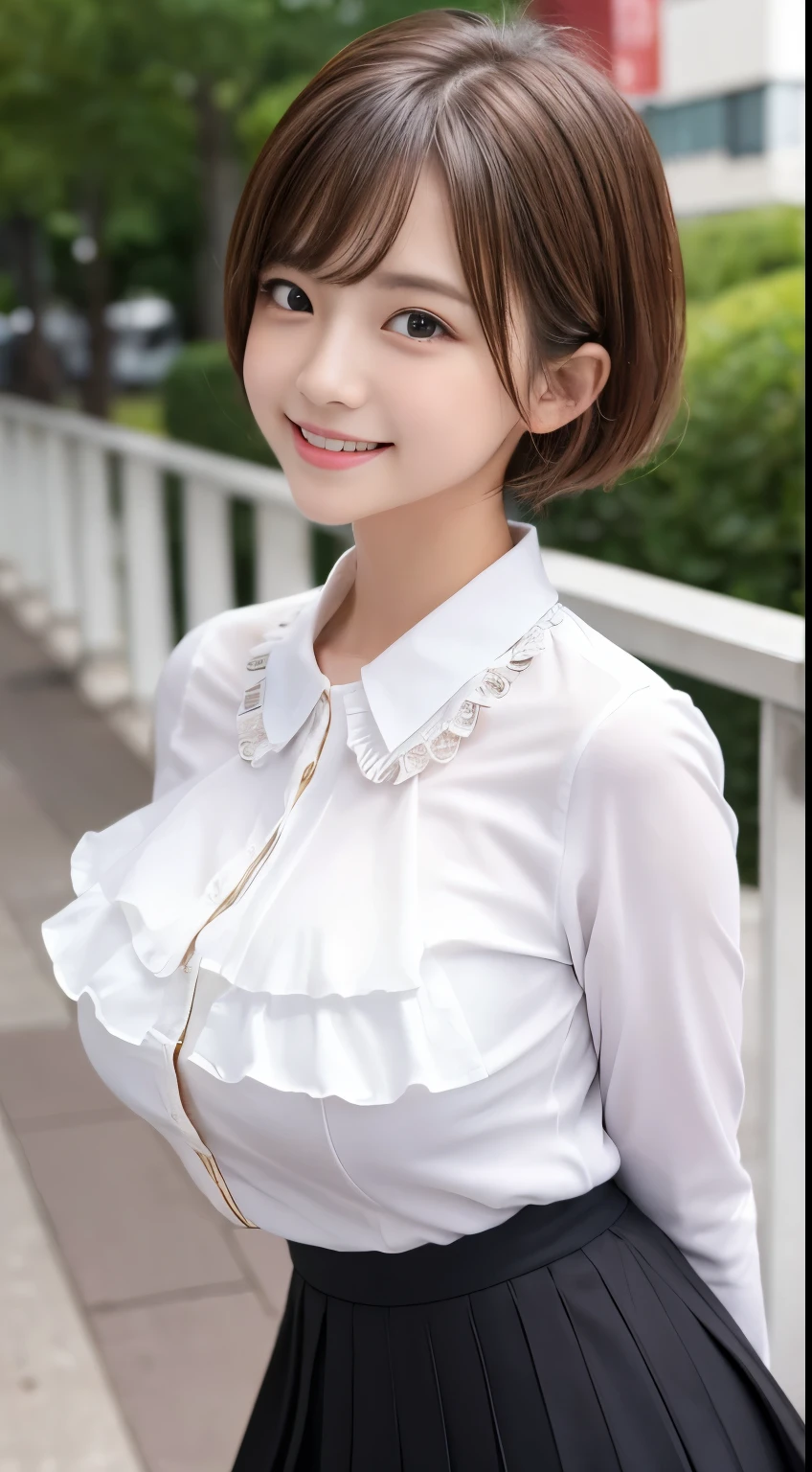  .................,, In front of school、   skirt、white long-sleeved shirt with ruffles on the chest、格子柄 skirt、On, , sakimichan,,  cute and cute,   , nice smile, sakimichan hdri、Lori、 boobs、Beautiful breasts 、,(Big Breasts:1.20),(:1)、 brown hair、 brown hairの髪、、 shorthair、Cute pose、 closes her mouth