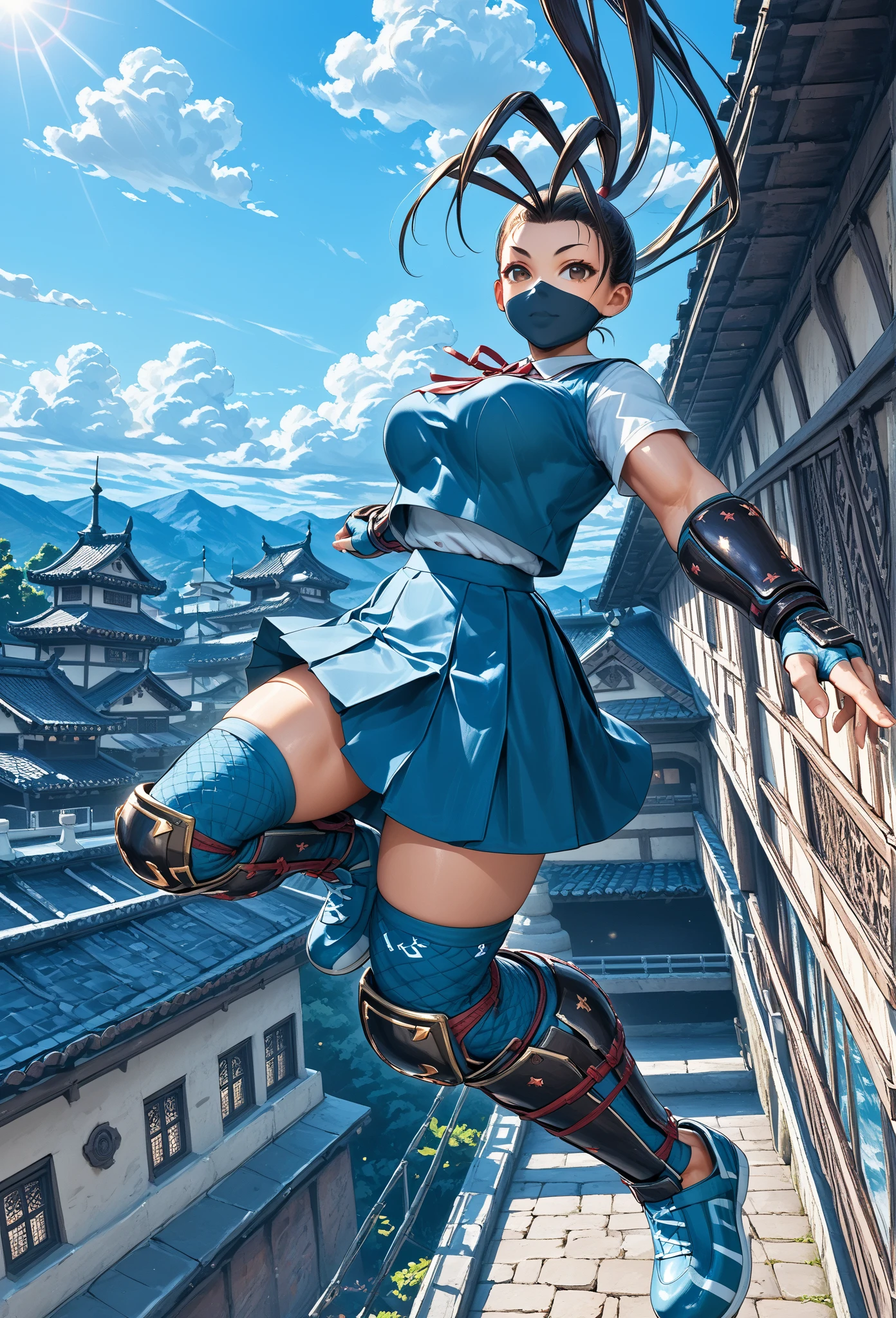 ,solo,1girl\(cute,big eyes,big breast,IbukiSF,long hair,skirt,black hair,thighhighs,gloves,brown eyes,very long hair,(school uniform),ponytail,fingerless gloves,armor,(black mask),antenna hair,japanese armor,knee pads,kote,shin guards,ibuki\(street fighter\),dynamic action,(dynamic pose:1.3), (jumping:1.5),(in the air:1.4),(aerial action:1.3),(Parkour:1.3),muscular,seductive, glamorous\).(from below:1.3), background\(tanuki,(many kunai:1.3) shot toward viewer,over the roof of old (kyoto) temple\),(dynamic angle:1.3), Dutch angle. score_9, score_8_up, score_7_up, score_6_up, score_5_up, score_4_up, source_anime,source_furry,rating_safe,rating_questionable,masterpiece, best quality, perfect anatomy , very aesthetic , absurdres ,