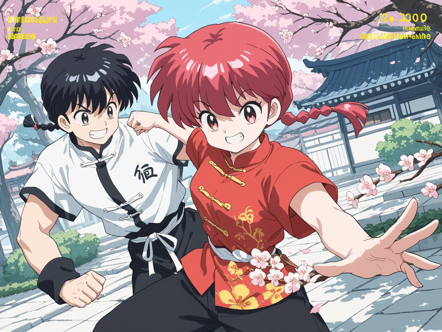 (1boy and 1girl\((back to back:1.4)\):1.4), 1boy\(Ranma, the main character of anime\(Ranma1/2\), braided black hair, gray eyes, red Chinese clothes, smiling, ranma saotome, single braid, braided ponytail,pants, chinese clothes, tangzhuang, kung fu pose\),1girl\(Ranma, the main character of anime\(Ranma1/2\), braided red hair, red eyes, red Chinese clothes, smiling, ranma saotome, braid, red hair, single braid, braided ponytail, red eyes,pants, chinese clothes, tangzhuang, kung fu pose,purple eyeshadow),background\(many deformed pandas,simple,pastel color\),(back to back:1.4).score_9, score_8_up, score_7_up, score_6_up, score_5_up, score_4_up, source_anime,source_furry,rating_safe,rating_questionable,masterpiece, best quality, perfect anatomy , very aesthetic , absurdres,