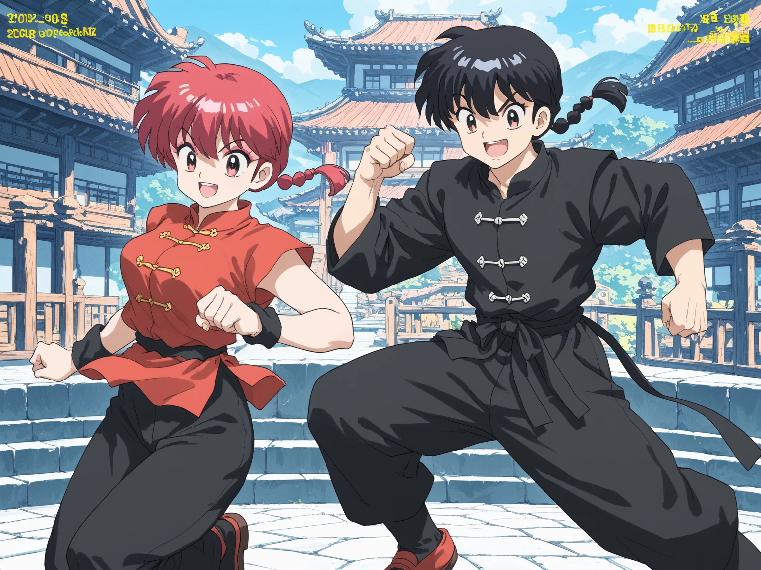 (1boy and 1girl\((back to back:1.4)\):1.4), 1boy\(Ranma, the main character of anime\(Ranma1/2\), braided black hair, gray eyes, red Chinese clothes, smiling, ranma saotome, single braid, braided ponytail,pants, chinese clothes, tangzhuang, kung fu pose\),1girl\(Ranma, the main character of anime\(Ranma1/2\), braided red hair, red eyes, red Chinese clothes, smiling, ranma saotome, braid, red hair, single braid, braided ponytail, red eyes,pants, chinese clothes, tangzhuang, kung fu pose,purple eyeshadow),background\(many deformed pandas,simple,pastel color\),(back to back:1.4).score_9, score_8_up, score_7_up, score_6_up, score_5_up, score_4_up, source_anime,source_furry,rating_safe,rating_questionable,masterpiece, best quality, perfect anatomy , very aesthetic , absurdres,