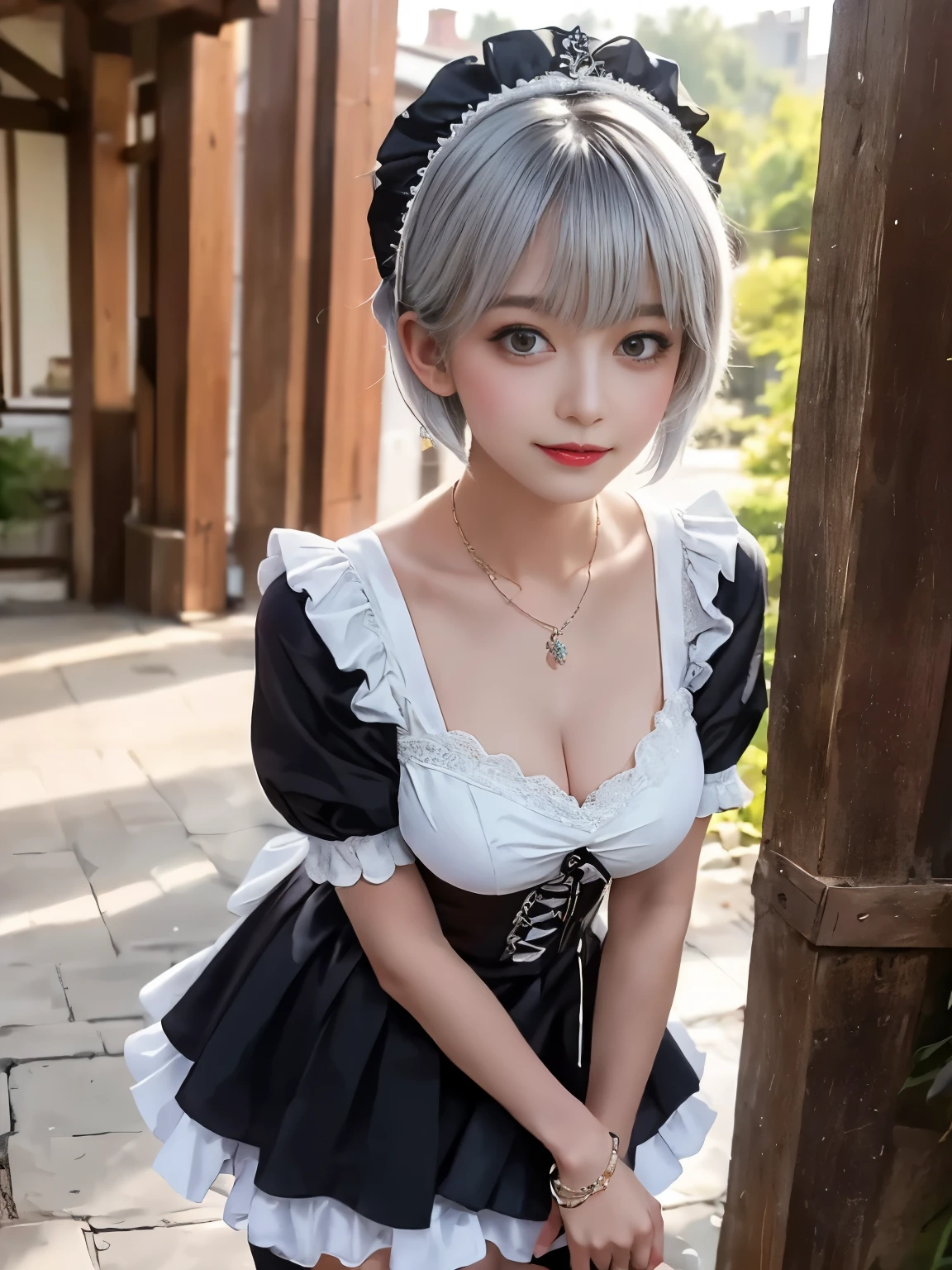 (((masterpiece))), (((highest quality: 1.4))), ((Super detailed: 1.4)) , ulzzang-6500-v1.1,  (RAW Photos:1.2), (Realistic), (See-through:1.3), (masterpiece), (Mastepiece). (Genuine:1.4), Very detailed, Sharp focus, Tensura:Luminous Valentine、One beautiful woman, ((Beautiful and shiny silver hair))、Fine grain、Detailed face、(Heterochromia iridis:1.4, Red Eye, blue eyes,), Gothic ta Maid Clothing、Knee-high stockings、