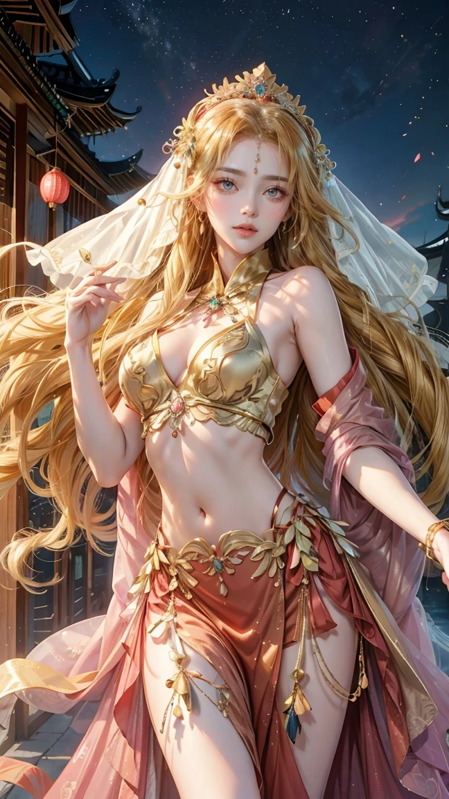 Fashion ultra beautiful girl, unparalleled masterpiece, ultra realistic 16k CG, perfect artwork, (detailed accessories),
(The sky is dreamy with colorful cloudscape in the evening):1.5,
(perfect female figure), mature female, narrow waist, looking at viewer, clean, beautiful face, pure face, pale skin, absurdly long golden hair, (F cup of large breasts, nsfw, breasts in, puffy, small, middle areolae), divine goddess, shiny skin, skin dentation, (rich:1.2), colorful eyes,
(Chinese Embroidery hollow cape by translucent lace, lace trim, lace-trimmed legwear, delicate pattern, intricate detail, prestige, gorgeous, (Jewelry chain to rope by Japanese bondage with diamond pattern and bracelet necklace):1.5,
The beauty landscape of the cosmic sea gradually entered our retinas, lift one perfect slim leg over head by herself at luxury roof balcony of old and intricate Imperial Palace by gorgeous Baroque style,