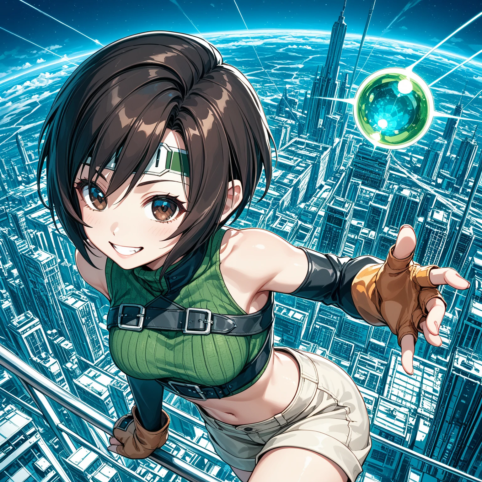 ,solo,1girl\(cute,kawaii,(FFYuffie:1.3),big eyes,grin,smirk,brown hair, short hair, brown eyes, fishnets, ninja outfit, midriff, perky breasts, slim body,(dynamic pose:1.3),holding beautiful orb\(materia,crystal\),run away from viewer\). (from above), background\(midnight,,dark night,cyberpunk,steampunk,huge Factory\),(dynamic angle:1.3),,landscape. score_9, score_8_up, score_7_up, score_6_up, score_5_up, score_4_up, source_anime,source_furry,rating_safe,rating_questionable,masterpiece, best quality, perfect anatomy , very aesthetic , absurdres ,