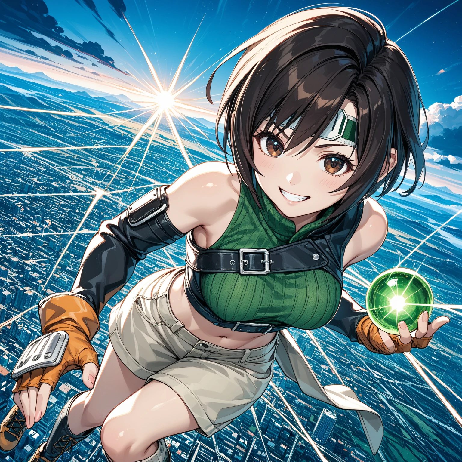 ,solo,1girl\(cute,kawaii,(FFYuffie:1.3),big eyes,grin,smirk,brown hair, short hair, brown eyes, fishnets, ninja outfit, midriff, perky breasts, slim body,(dynamic pose:1.3),holding beautiful orb\(materia,crystal\),run away from viewer\). (from above), background\(midnight,,dark night,cyberpunk,steampunk,huge Factory\),(dynamic angle:1.3),,landscape. score_9, score_8_up, score_7_up, score_6_up, score_5_up, score_4_up, source_anime,source_furry,rating_safe,rating_questionable,masterpiece, best quality, perfect anatomy , very aesthetic , absurdres ,