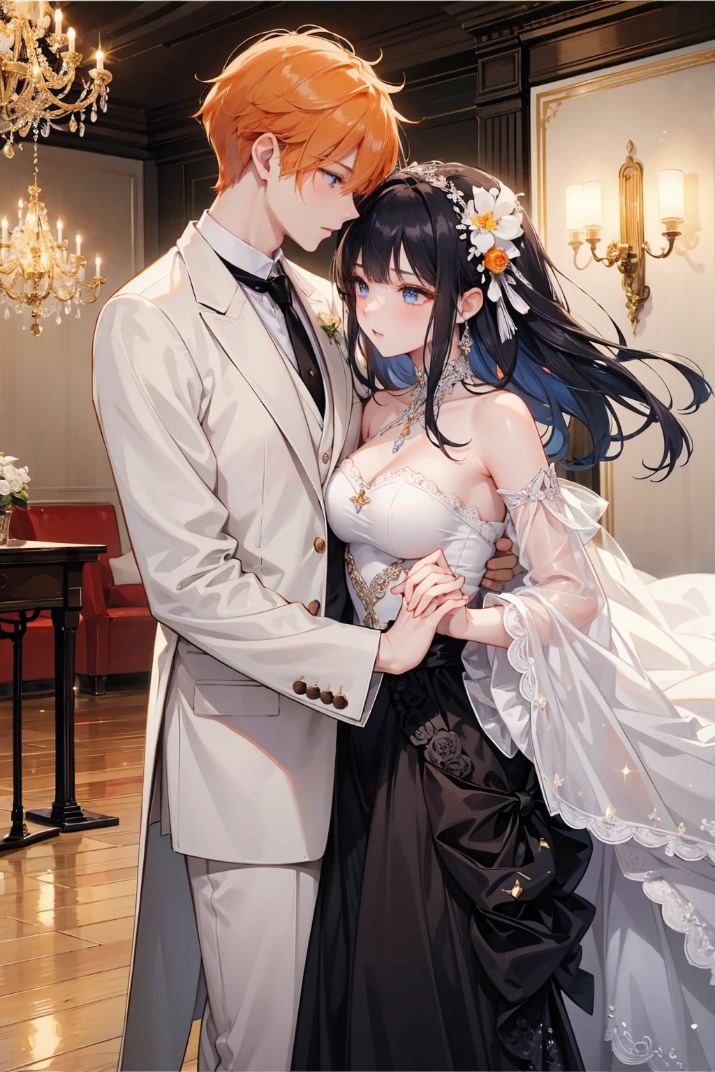 A beautiful moon in the background,a thousand stars at his side,below a young couple