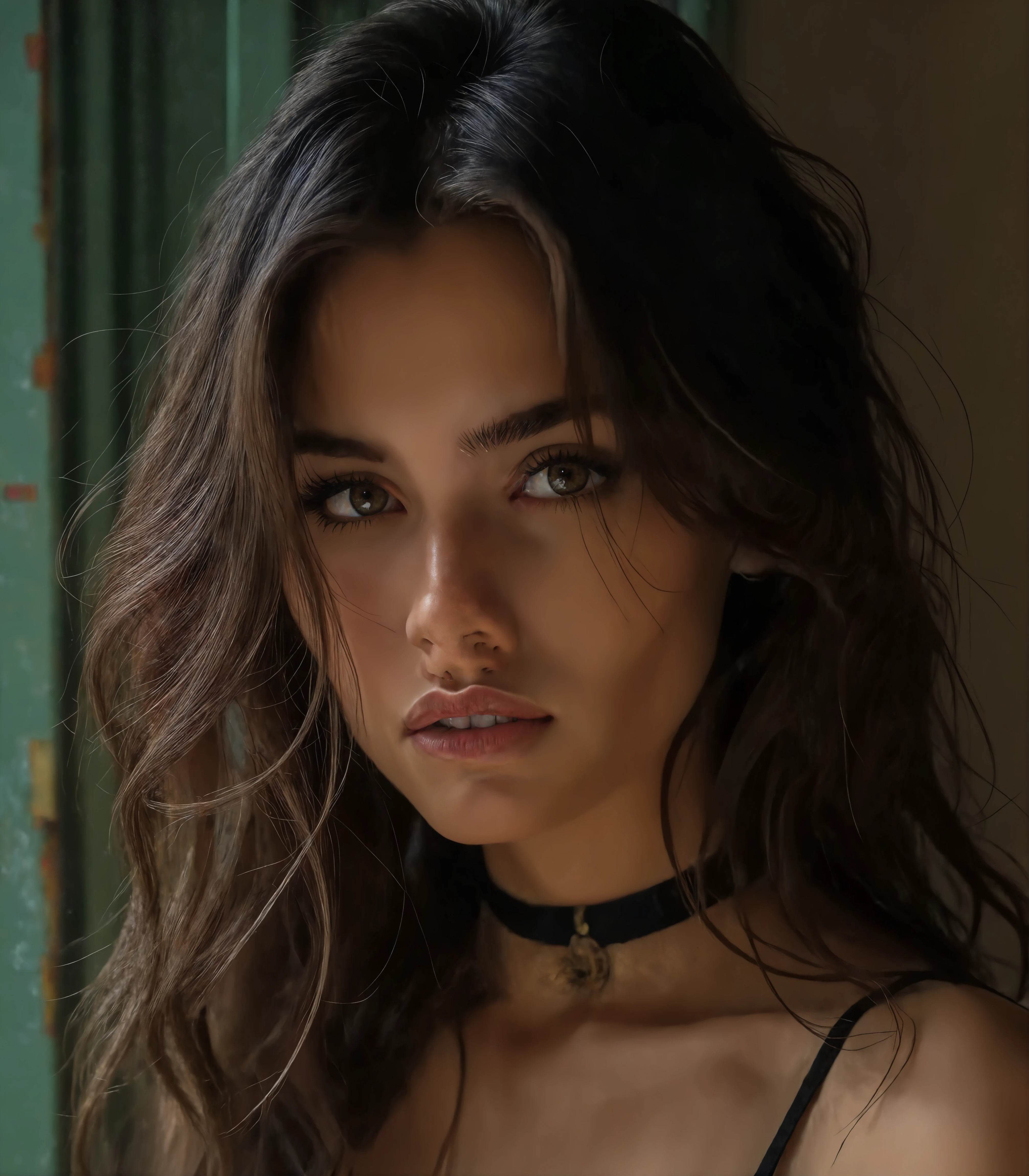 ((photorealistic))), Photo, 32K, UDR, (Ultra detailed face and eyes: 1.3), 1 girl, in an unbuttoned blouse, (Eye makeup, mascara), long eyelashes, (large detailed lips), (Dark wavy hair), large heavy breasts, (eye detail:1, 2), (ultra detailed leather: 1.3). Photo session in a dark studio, (contour lighting), The play of light and shadows), Shallow depth of field, bokeh. Warm atmosphere of the frame. (Dull color scheme), (Photoграфия по пояс), ((granularity)), Glare, ultra-detailed