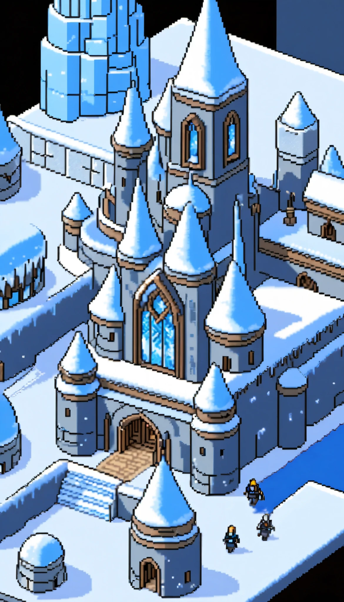 Blue World、 Ice Kingdom、Disney movie Frozen、( pixel art :1.1)、Ice Sculpture、cold、 Big Castle 、Ice Soldiers 