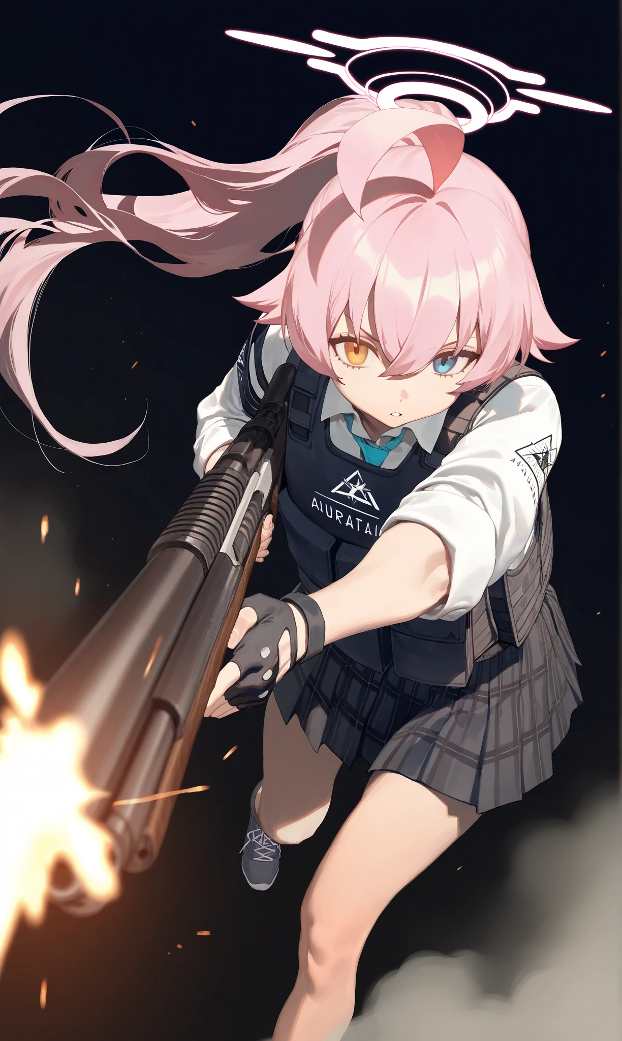 1girl, hoshino \(armed\) \(blue archive\), blue archive, lack, rei \(sanbonzakura\), airseal, (ciloranko:0.75), from above, dutch angle, feet out of frame, beretta 1301, shotgun, foreshortening, leaning forward, muzzle flash, floating hair, ahoge, steam, bulletproof vest, fingerless gloves, firing, hair between eyes, halo, holding gun, holding weapon, looking looking at viewer, parted lips, ponytail, froating, (shade:1.2), (orange theme:0.7), pleated skirt, standing on one leg, sidelocks, sleeves rolled up, solo, dust cloud, light particles, depth of field, black background, (leviathan \(hikinito0902\), modare:0.75), masterpiece, best quality, good quality, newest, year 2024, year 2023