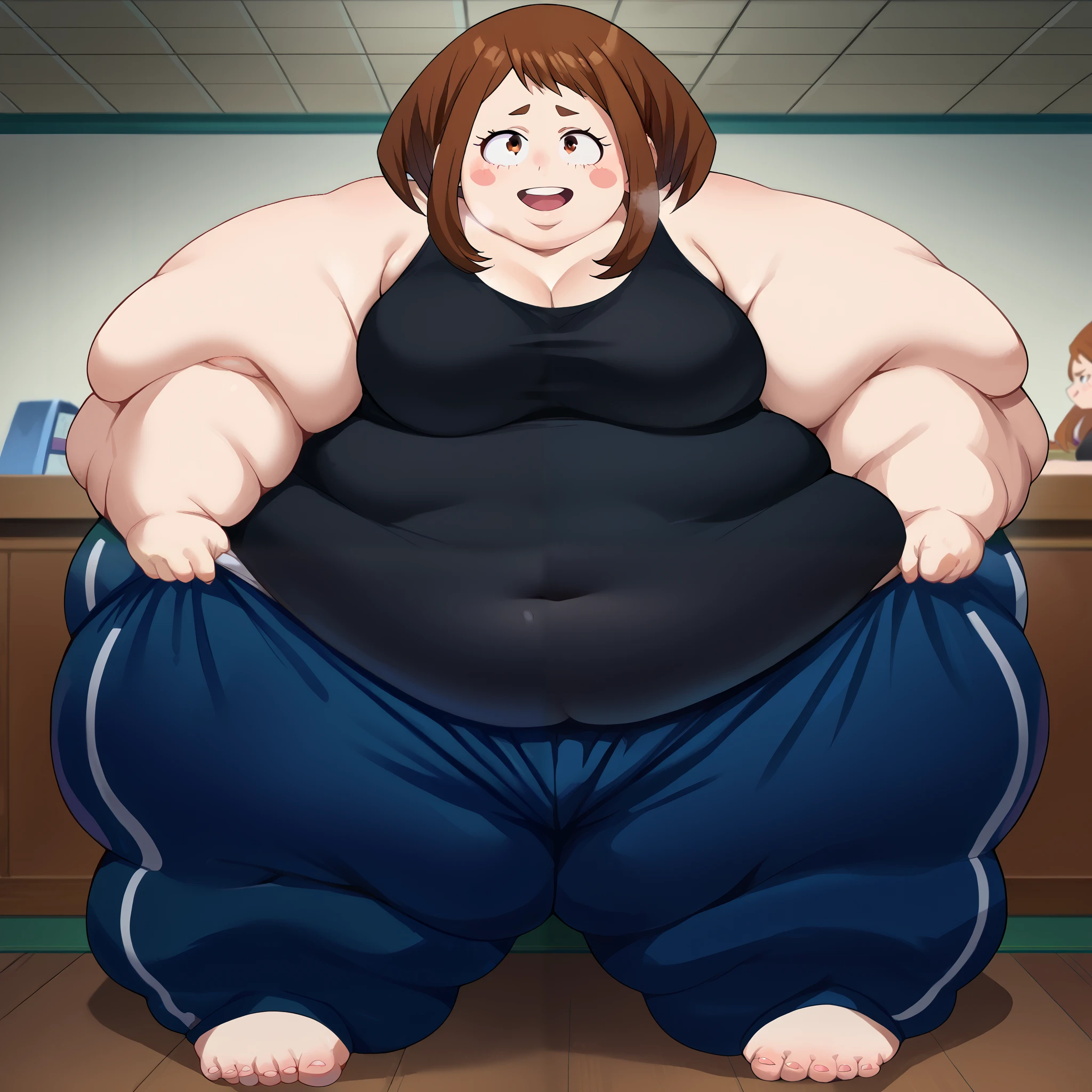 score_9, score_8_up, score_7_up, source_anime,
ochakouraraka, ochako uraraka, brown eyes, brown hair, short hair, blush, blush stickers, smile,
bare shoulders, pants, black shirt, tank top, blue pants, black tank top, track pants,
indoors,
looking at viewer,  fat, chubby, obese, gigantic arms and legs, large breasts open mouth, out of breath, full body shot, fat face, swollen face, chubby face, sagging face, double chins,