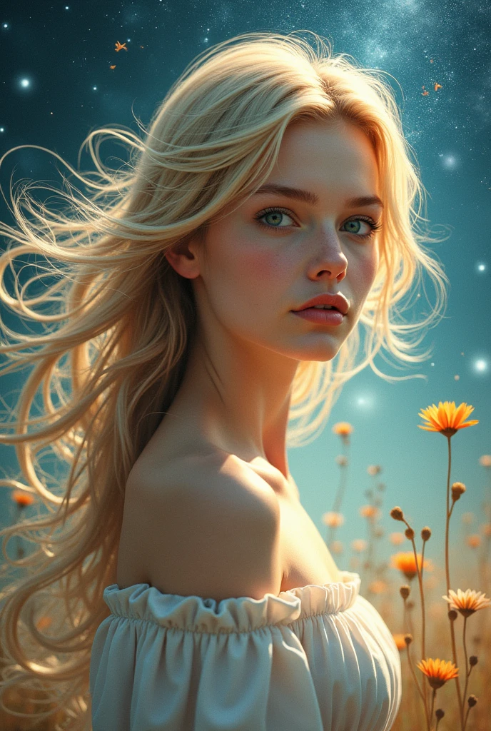 (Best Quality, masterpiece), 1 girl, Galaxy, Brilliantine, dress, particle, wind, flower, Upper part of the body, simple dark background, looking at the viewer, rubio,