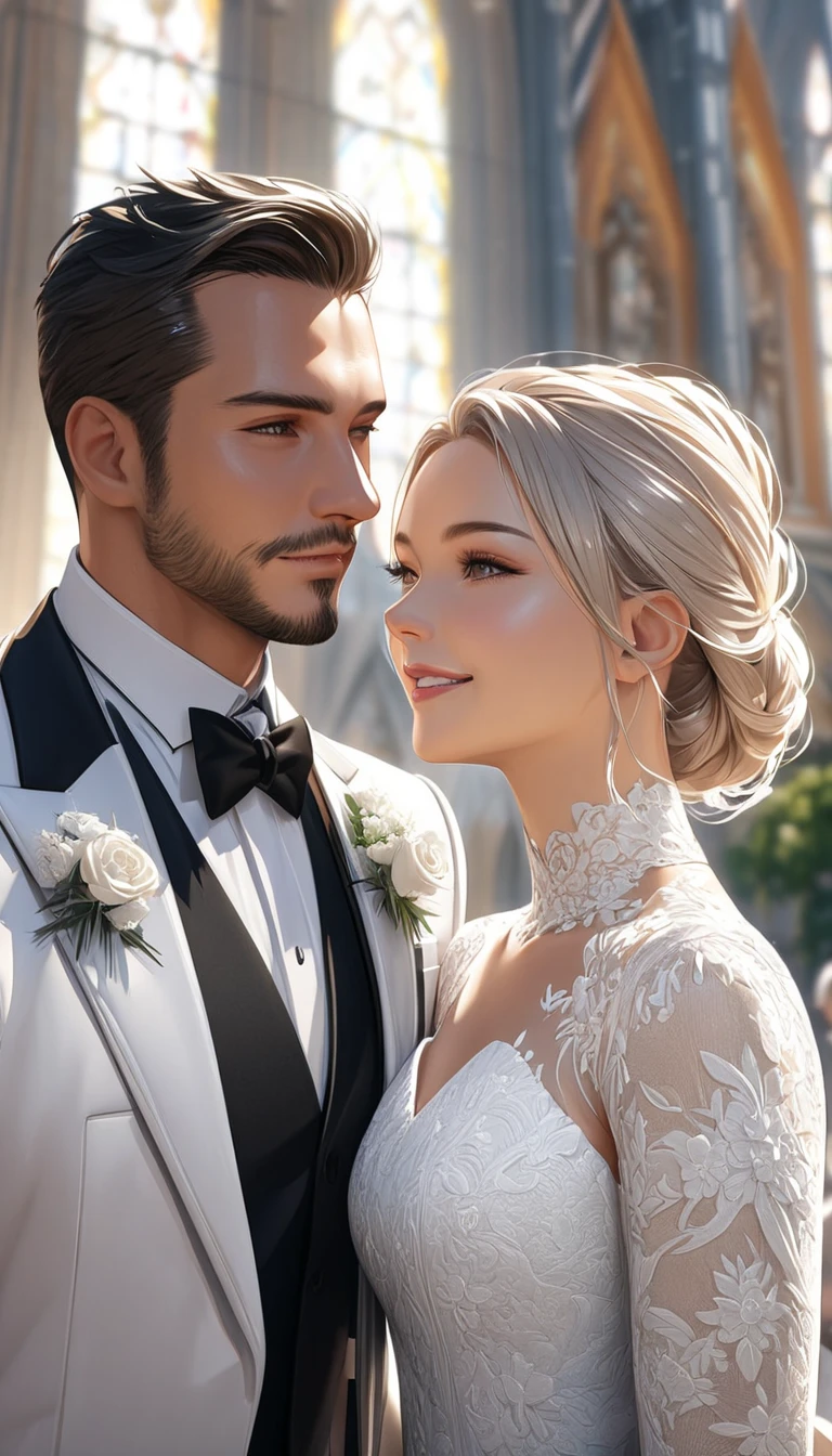blonde woman, brown man, newlyweds