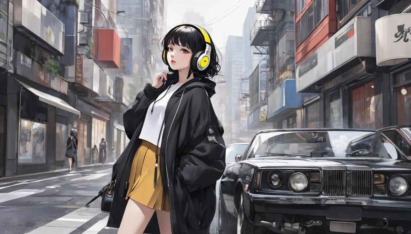 masterpiece、A woman alone、 one girl、 black hair、 fashionable clothes、whole body、 urban background、Wearing headphones、One woman