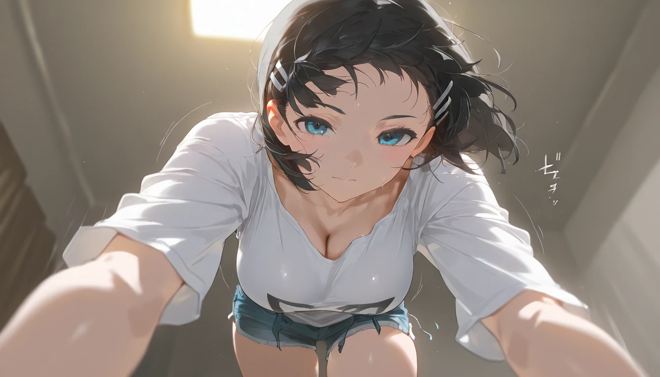 masterpiece, best quality, amazing quality, very aesthetic, absurdres, newest,scenery, anime screencap, anime coloring,retina,Expressiveh, break 1girl, Kirigaya_suguha、chest、 shorts、 black hair、Big Breasts、 shorthair、 jacket、chestの谷間、Outdoor、 hair ornament、 shorts、 hair clip、 stares at viewers、 shirt、白い shirt、トラック jacket、I'm taking off my puff、break,cinematic lighting, motion blur, speed lines,(sound effect:1.3) ,Stripping area、 break masterpiece, best quality, amazing quality, very aesthetic, absurdres, newest,scenery,