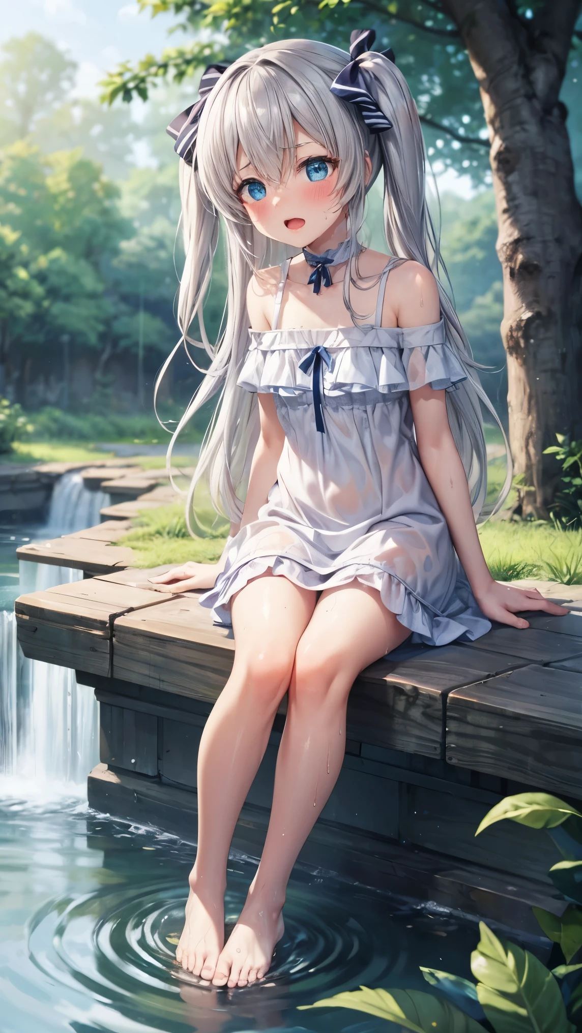 best quality,4k,8k,1girl,small breasts,loli,orgasm,blush,sweat,short eyebrows, upturned eyes,celia claire,white sundress,barefoot,white panties,fantasy,branch, day, forest, leaf, nature, outdoors, plant, pond, tree, water, waterfall,wet