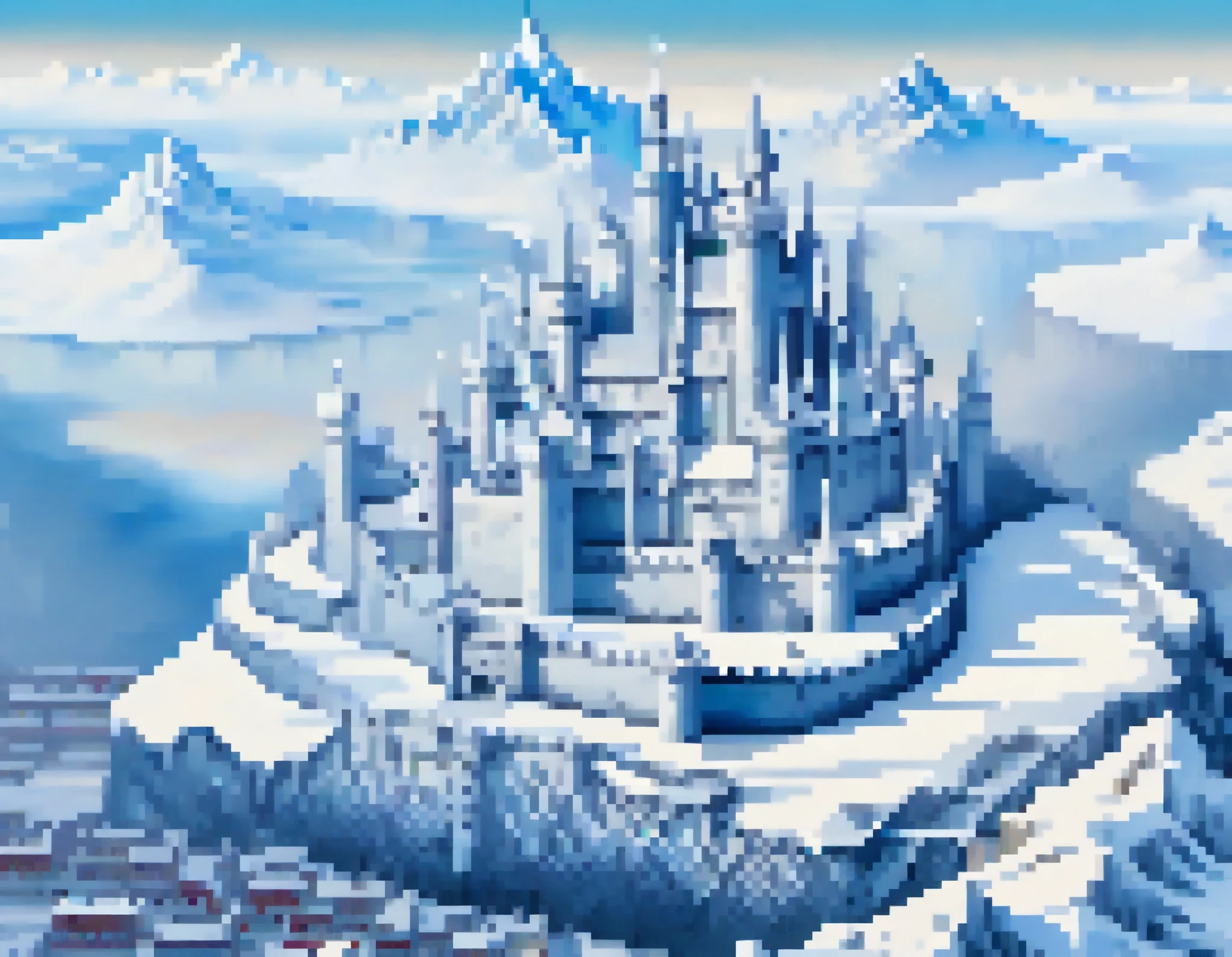 Masterpiece, top quality, intricate, digital painting, shadow, landscape, fantasy, pixel art, winter, icy world, pale blue castle made of transparent ice, flag, castle surrounded by castle town, brick cityscape in background