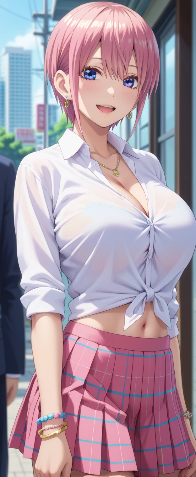 (Tall girl, Fit girl,score_9, score_8_up, score_7_up, score_6_up, uncensored, 1girl, ichika nakano, short hair, bangs, blue eyes, hair between eyes, pink hair, bangs, blue eyes, shirt, hair between eyes, huge breasts, collared shirt, tied shirt, pleated skirt, flashy gyaru, happy, showy,too many accessories, colorful , kogal, kogal gyaru, necklace, earrings, bracelet, navel, midriff,