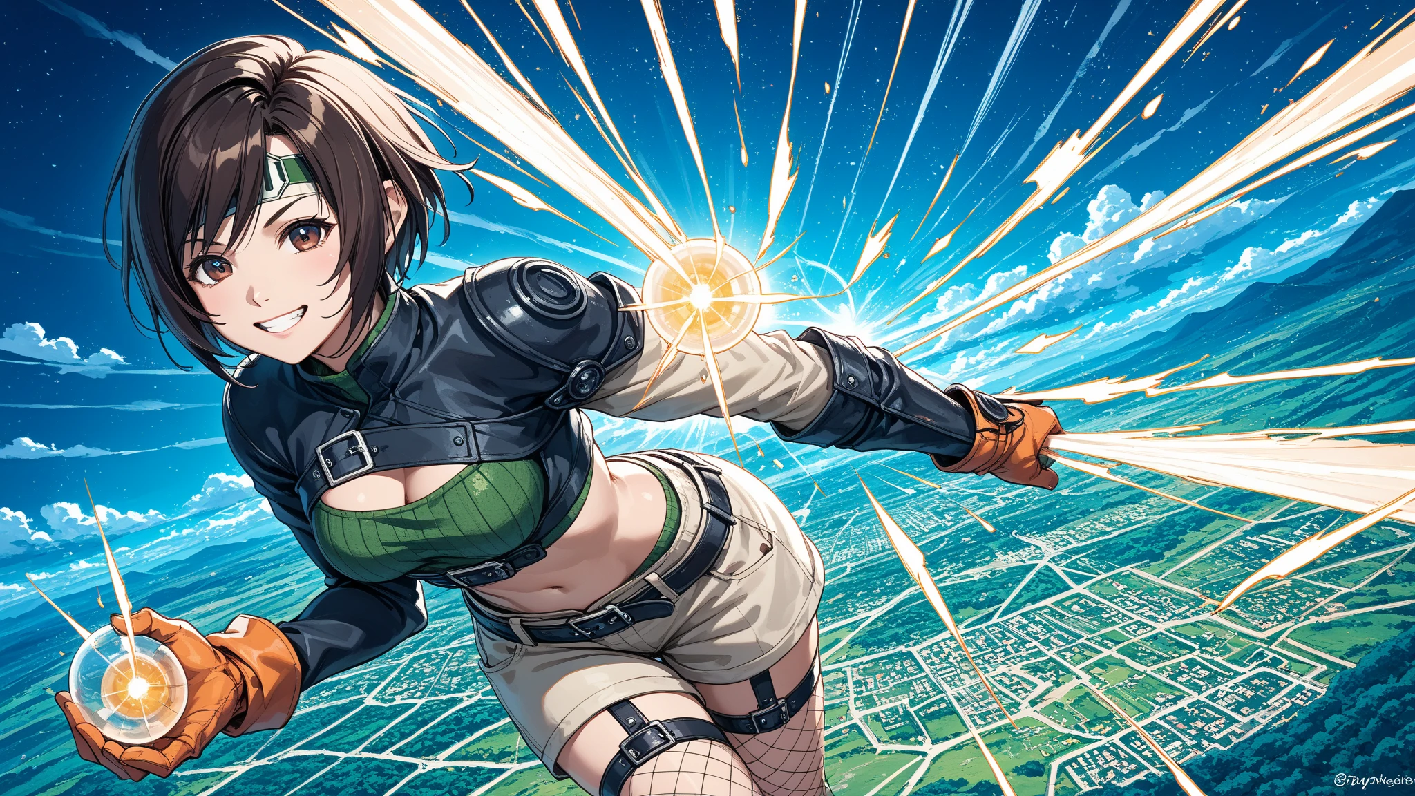 ,solo,1girl\(cute,kawaii,(FFYuffie:1.3),big eyes,evil smile,grin,smirk,brown hair, short hair, brown eyes, fishnets, ninja outfit, midriff, perky breasts, slim body,(dynamic pose:1.3),holding beautiful orb\(materia,crystal\),run away from viewer\). (from above), background\(midnight,,dark night,cyberpunk,steampunk,huge Factory\(Shin-Ra Electric Power Company,FF7\)\),(dynamic angle:1.3),,landscape. score_9, score_8_up, score_7_up, score_6_up, score_5_up, score_4_up, source_anime,source_furry,rating_safe,rating_questionable,masterpiece, best quality, perfect anatomy , very aesthetic , absurdres ,