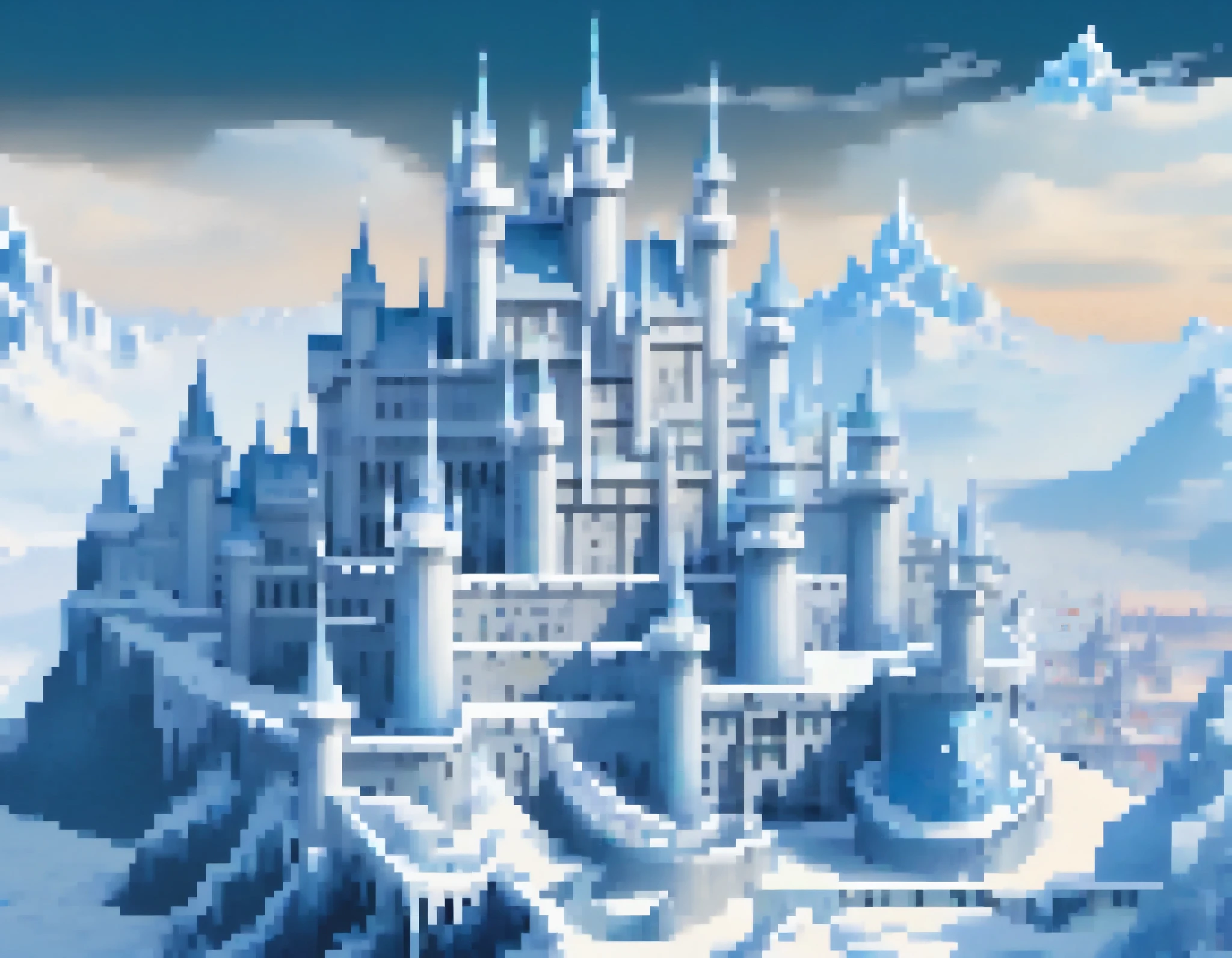 Masterpiece, top quality, intricate, digital painting, shadow, landscape, fantasy, pixel art, winter, icy world, pale blue castle made of transparent ice, flag, castle surrounded by castle town, brick cityscape in background