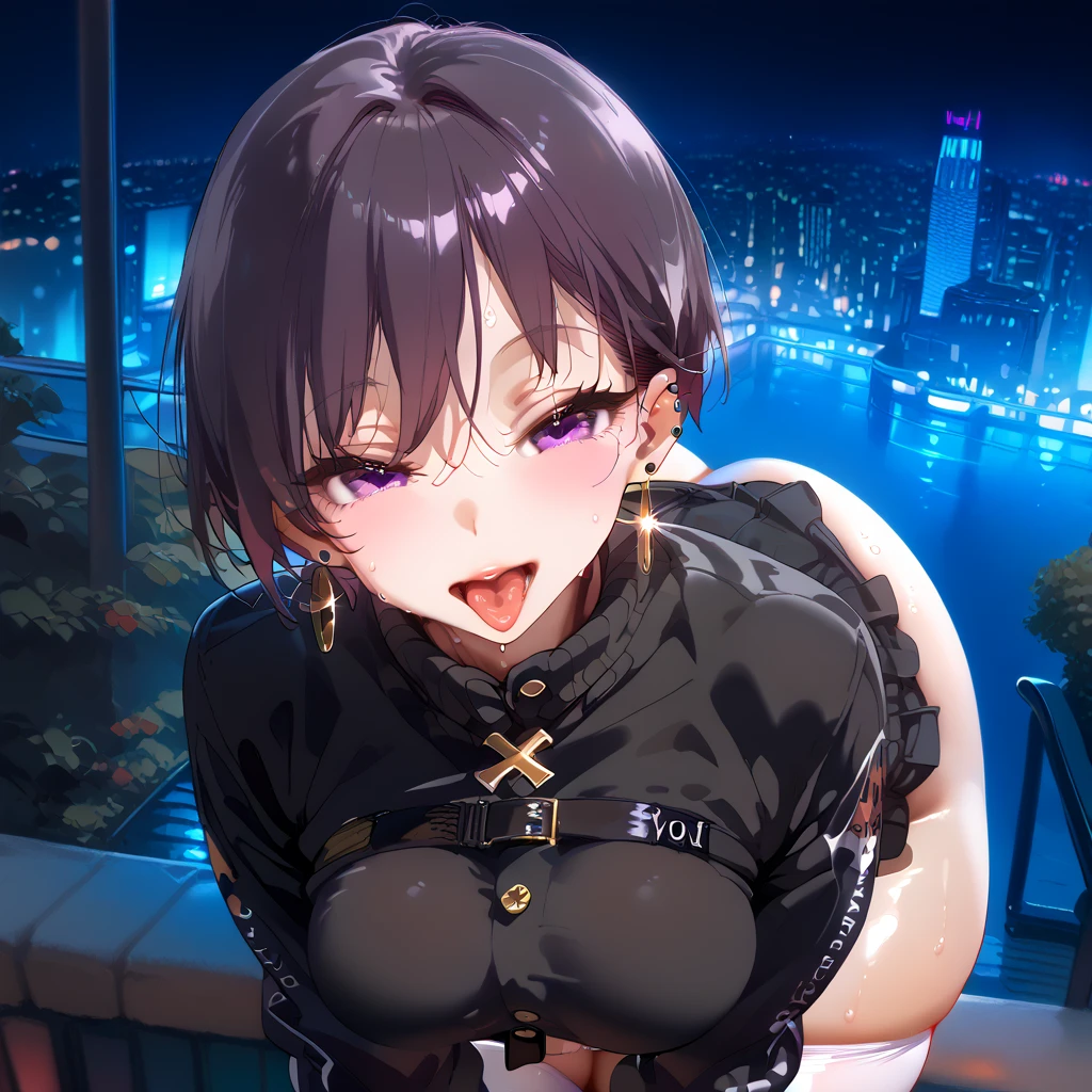 Nsfw, perfectly face, 1 female, purple short undercut hair, skimpy outfit, black skirt, black long sleeve crop top, perfect face, perfect purple eyes, round face, ear piercings, hoop earrings, tongue out, mouth wide open, puckered lips, city rooftop, night time, neon lights, perfect large breasts, white thigh highs, really colourful background, extremely thick thighs, extremely phat ass, phattest ass in the world, bending over, high angle, shiney skin, leaning forward, sultry face, sweaty, hands on knees, bottom harness 